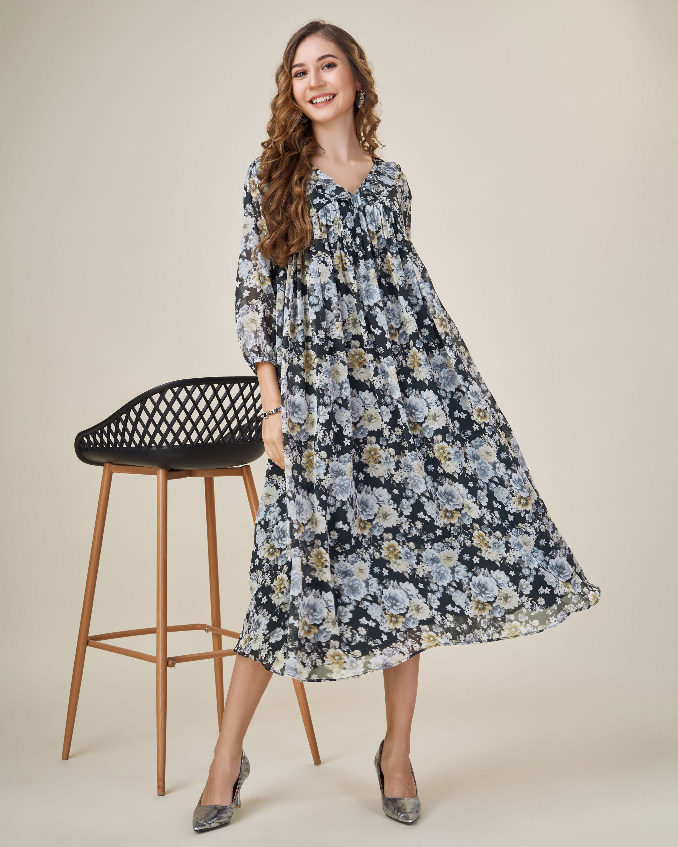 Her Couture Women's Black Georgette Floral Printed Empire Dress With Ruffles