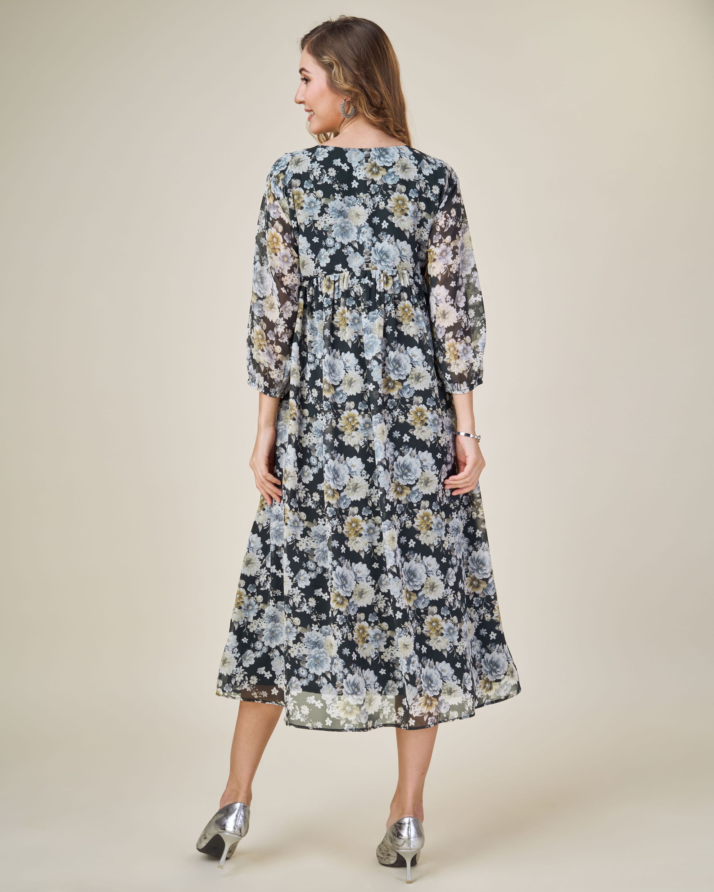 Her Couture Women's Black Georgette Floral Printed Empire Dress With Ruffles