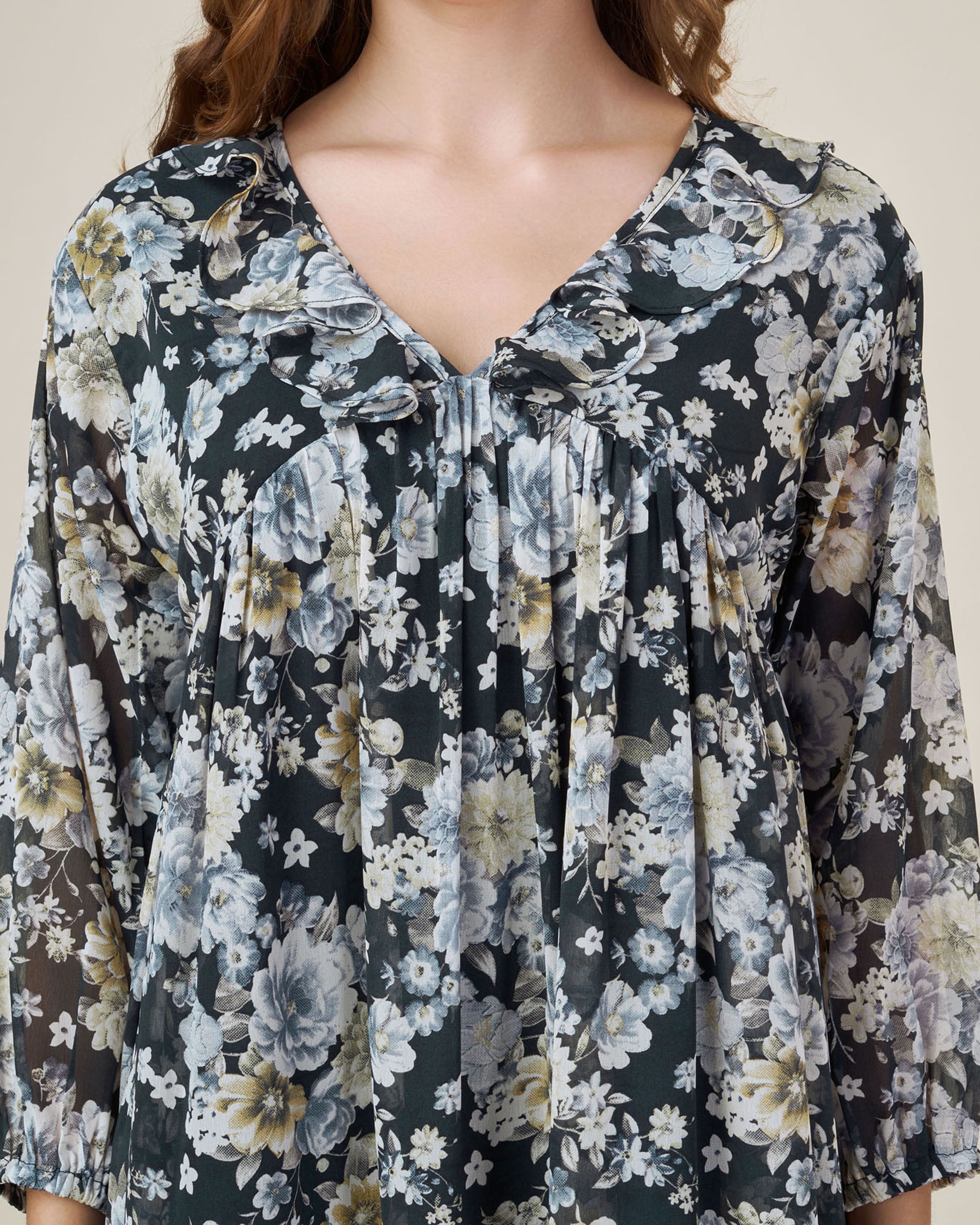Her Couture Women's Black Georgette Floral Printed Empire Dress With Ruffles