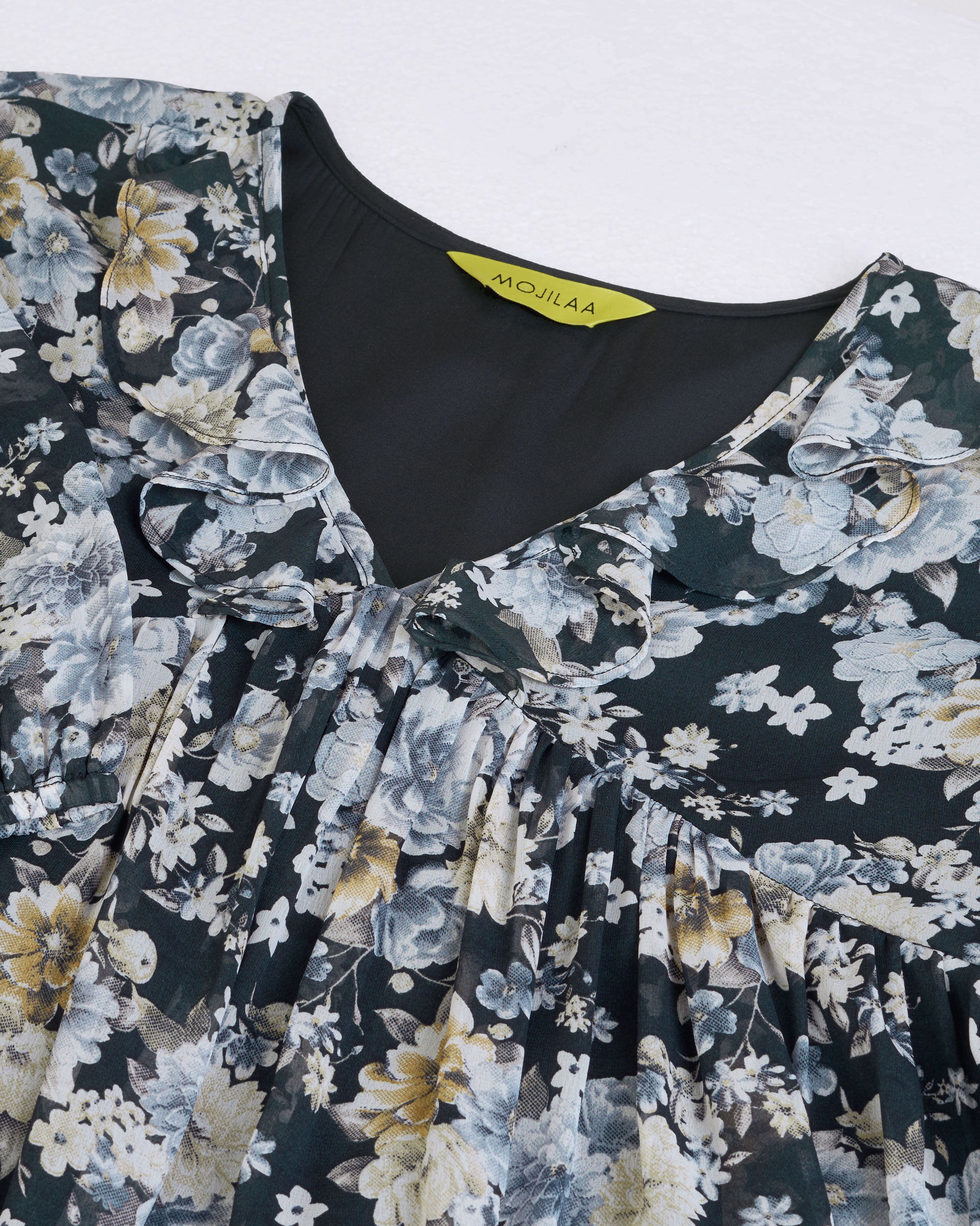 Her Couture Women's Black Georgette Floral Printed Empire Dress With Ruffles