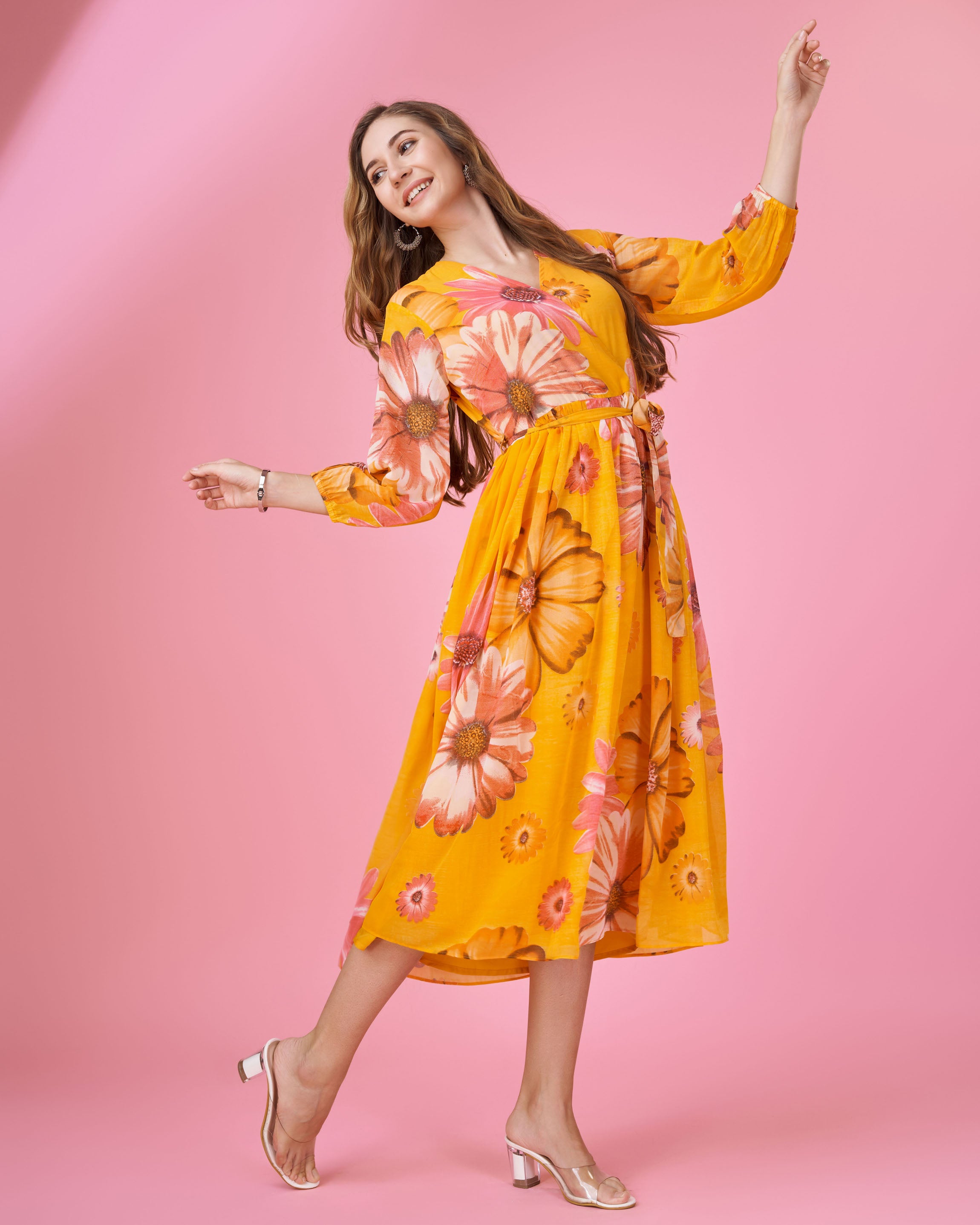 Her Couture Women's Mustard Georgette Floral Printed Wrap Dress With Belt