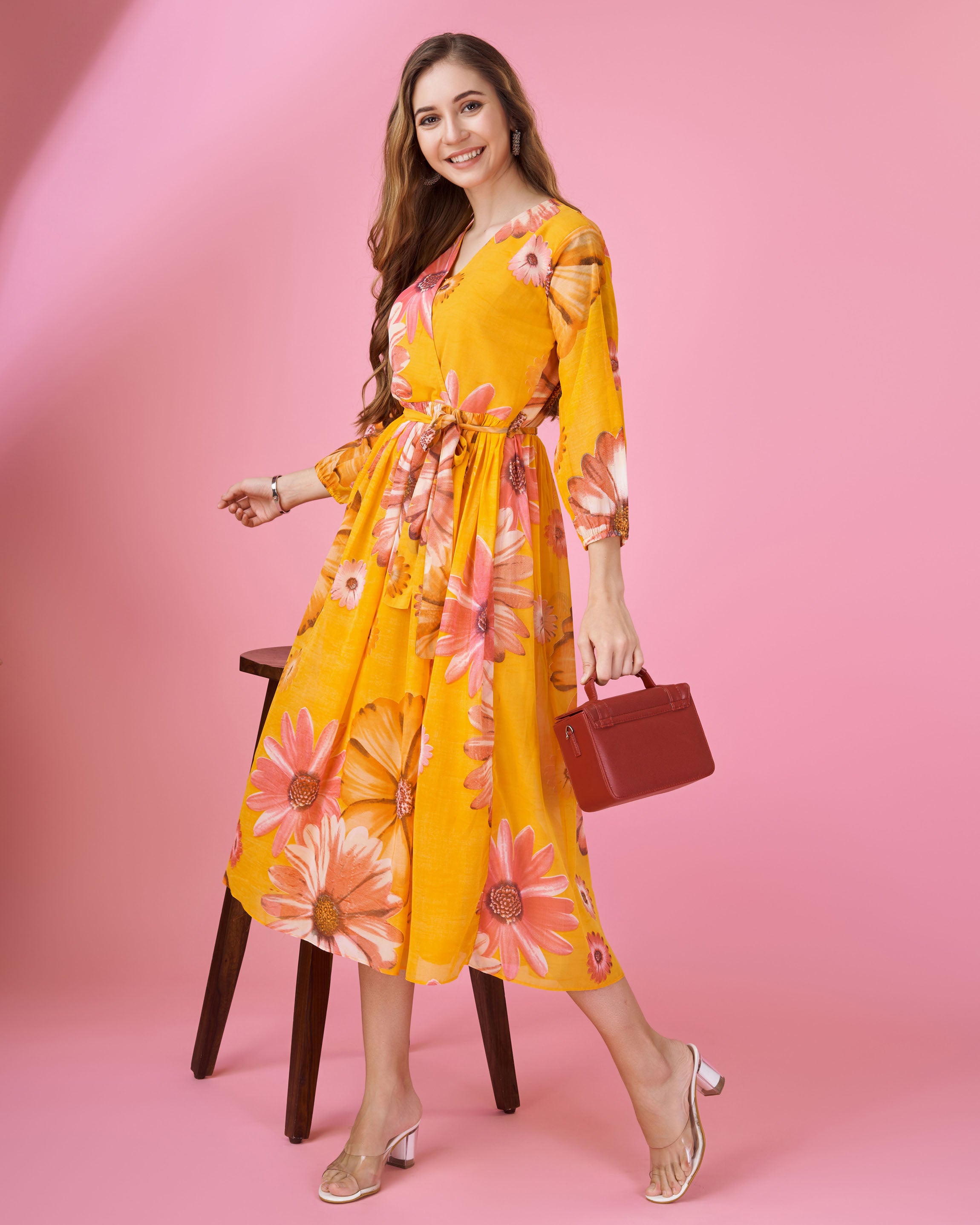 Her Couture Women's Mustard Georgette Floral Printed Wrap Dress With Belt