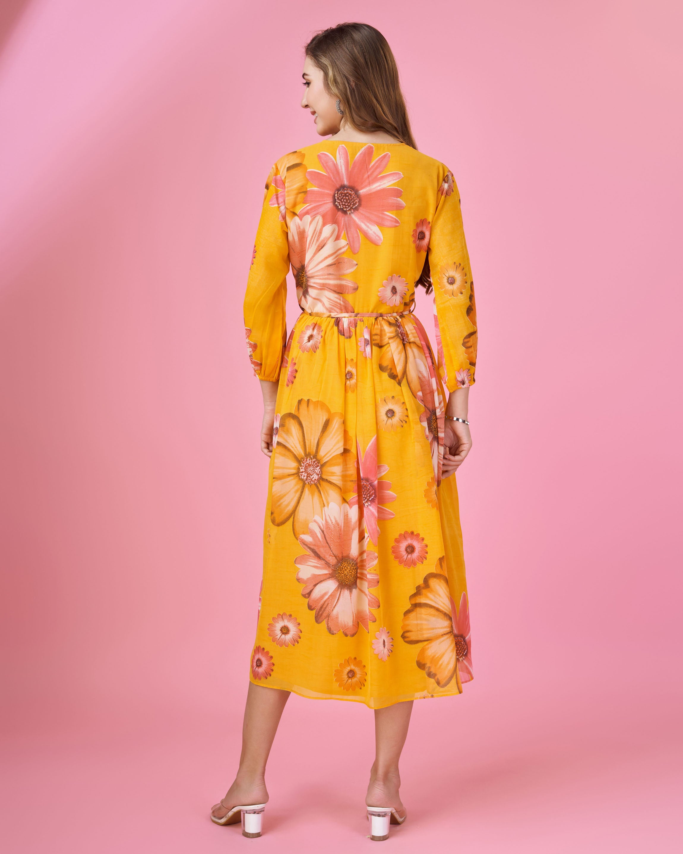 Her Couture Women's Mustard Georgette Floral Printed Wrap Dress With Belt