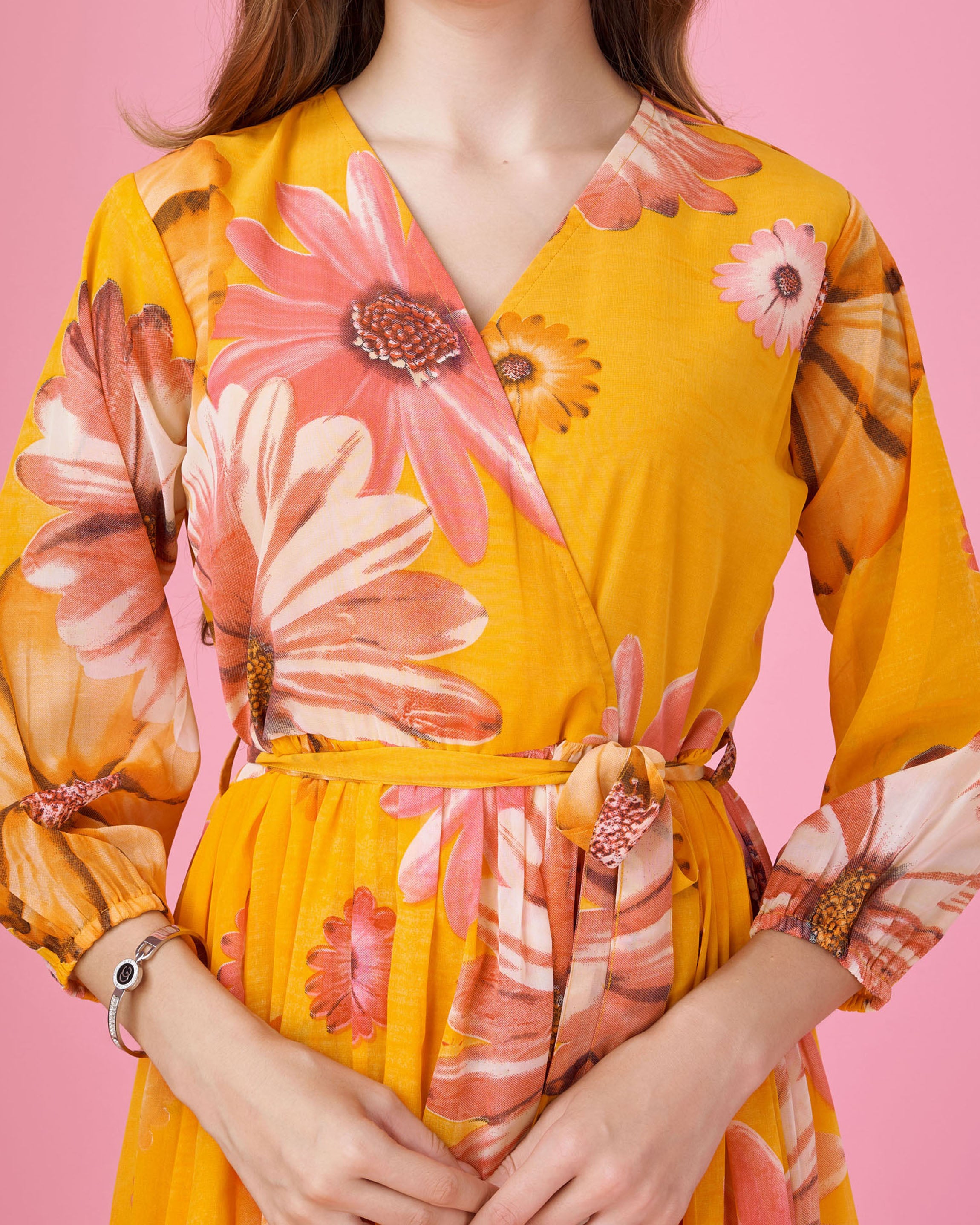 Her Couture Women's Mustard Georgette Floral Printed Wrap Dress With Belt
