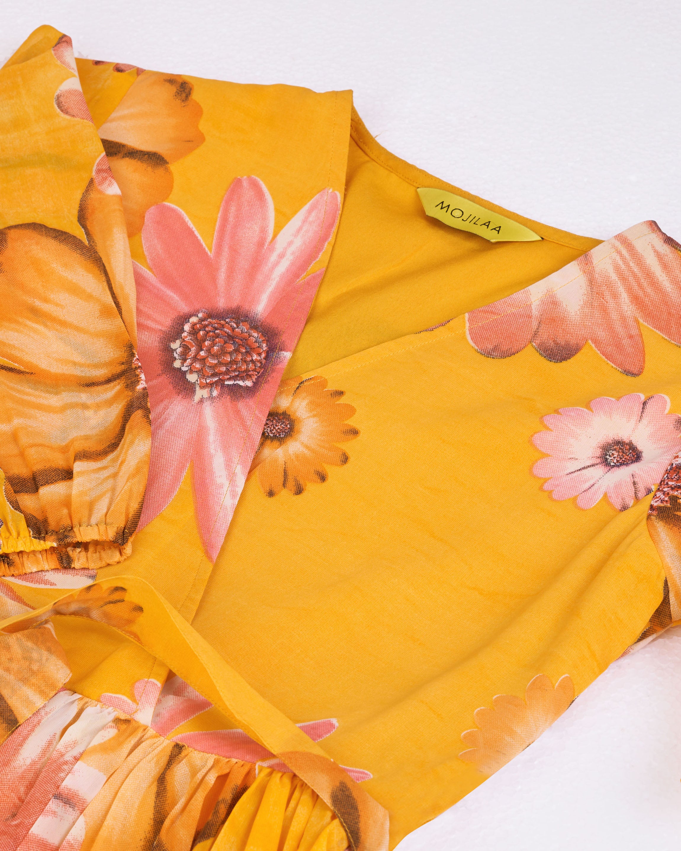 Her Couture Women's Mustard Georgette Floral Printed Wrap Dress With Belt