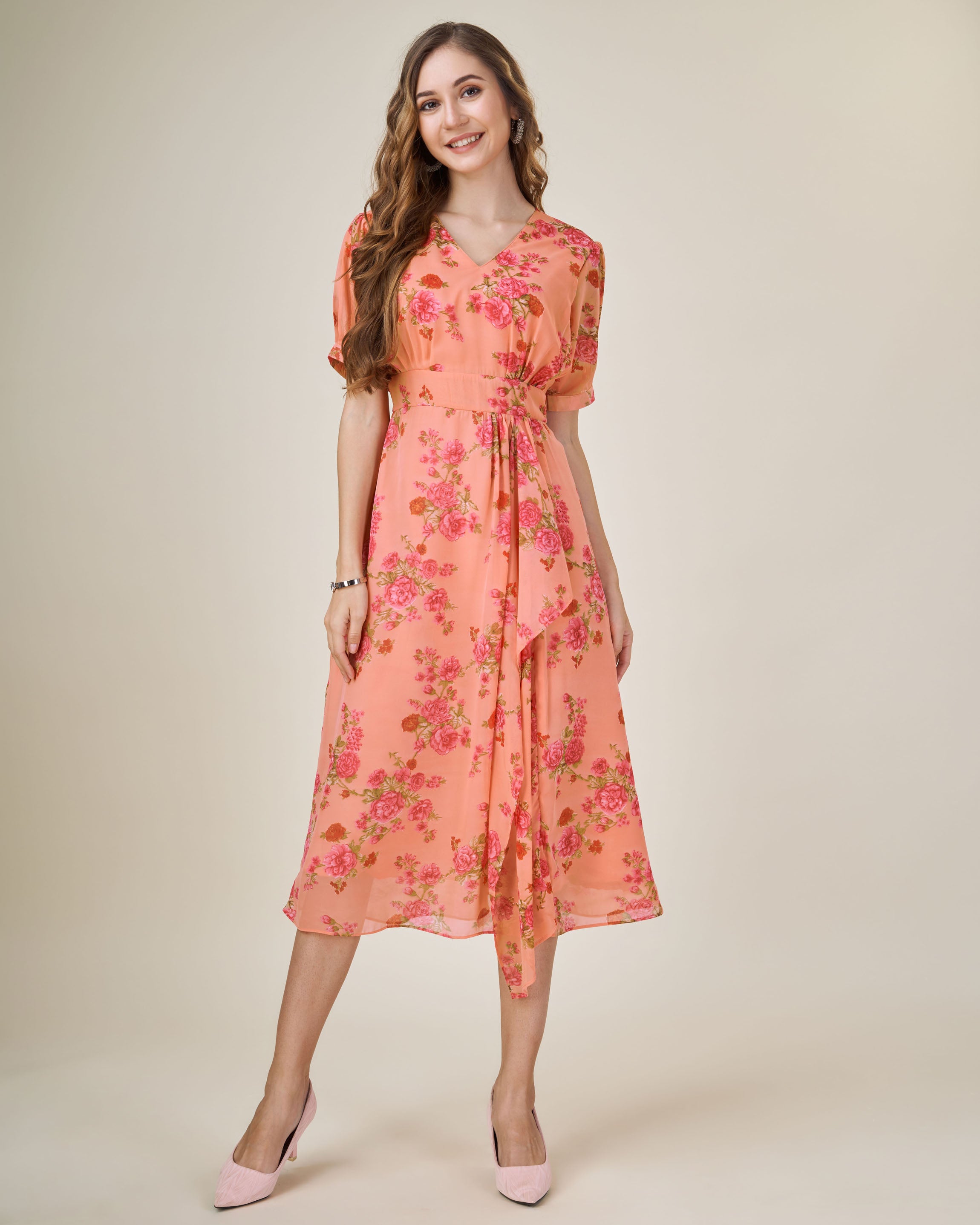Orange Georgette Casual Midi Dress by Her Couture