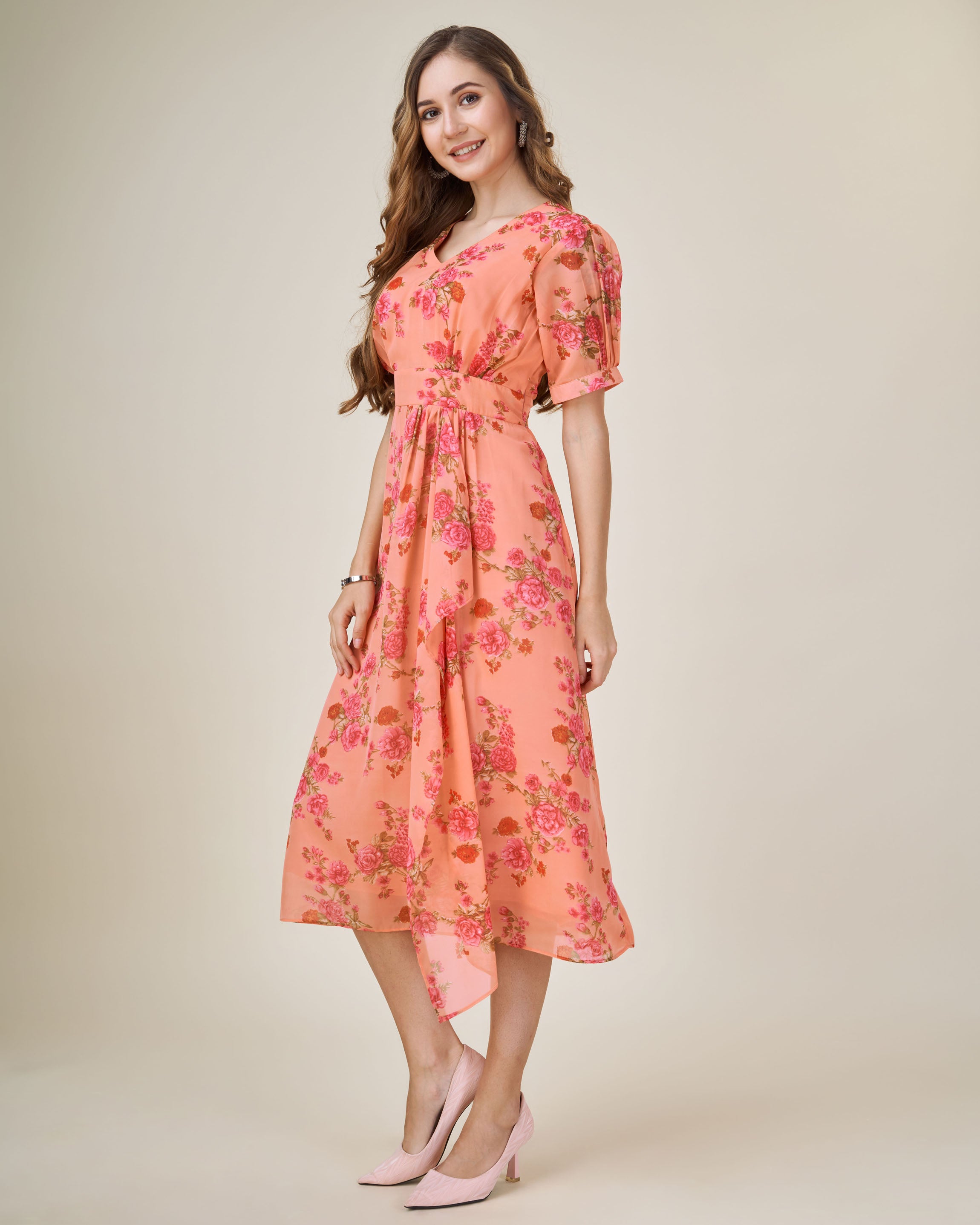 Her Couture Women's Orange Georgette Draped Floral Printed Flared Dress