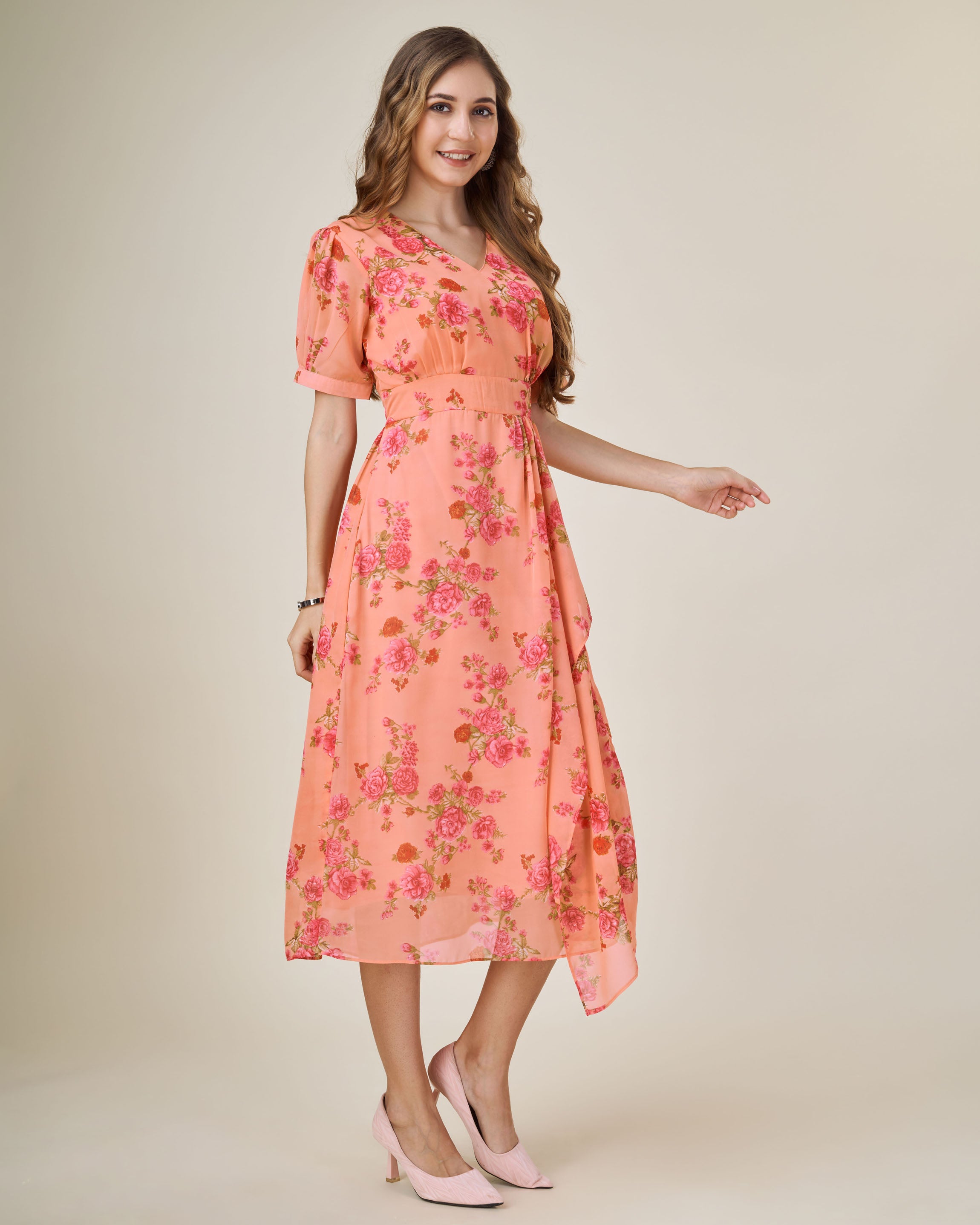 Her Couture Women's Orange Georgette Draped Floral Printed Flared Dress