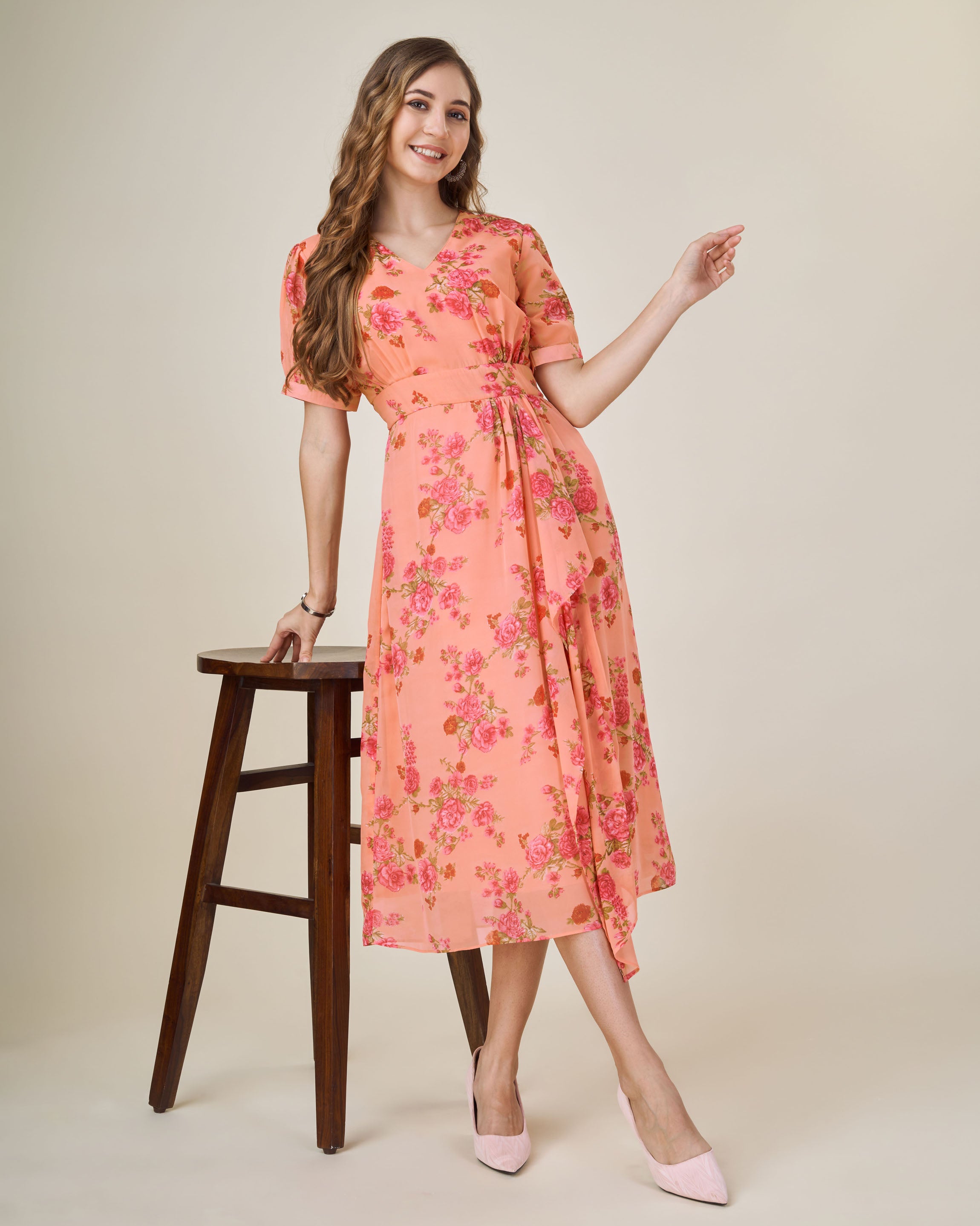 Her Couture Women's Orange Georgette Draped Floral Printed Flared Dress