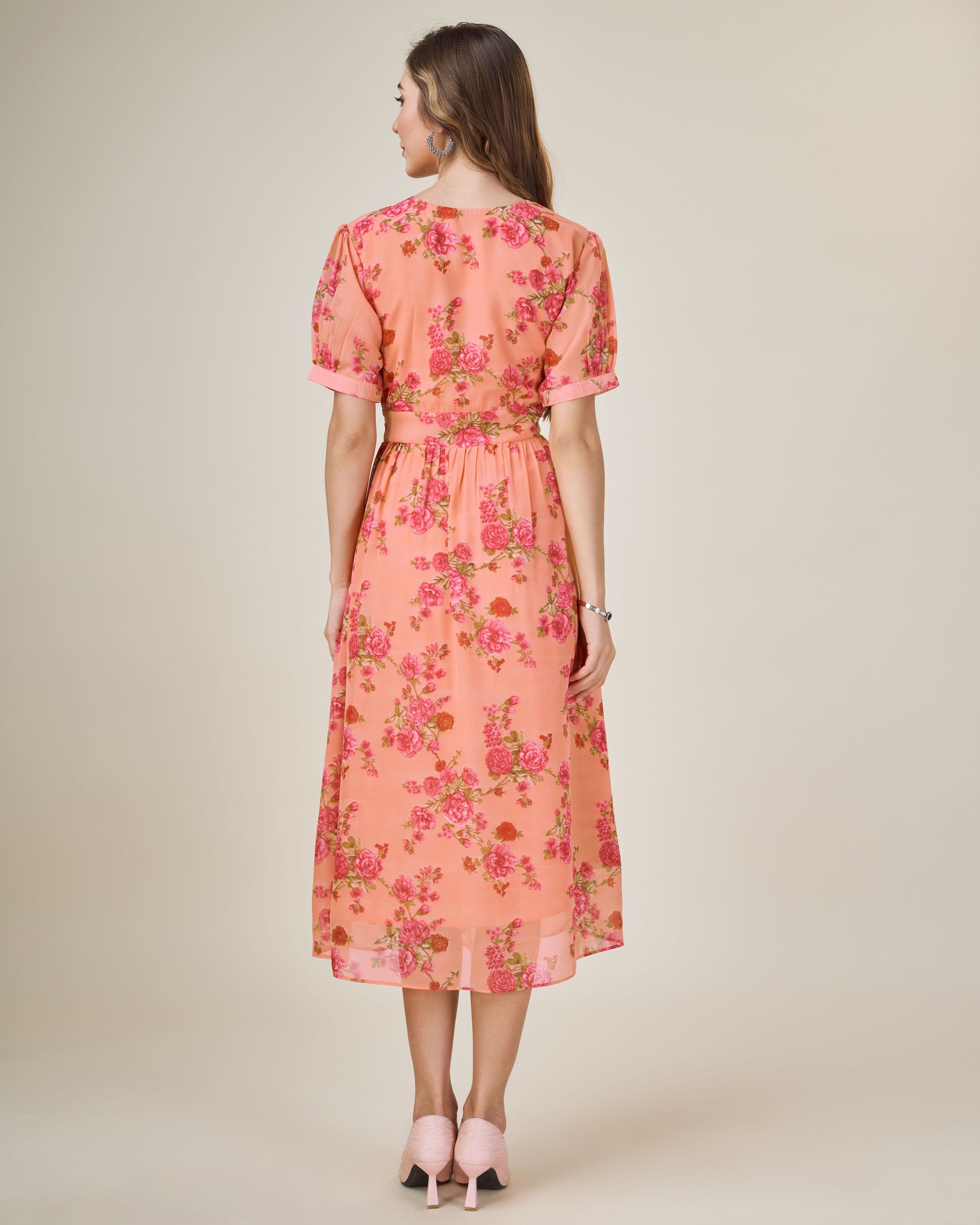 Her Couture Women's Orange Georgette Draped Floral Printed Flared Dress