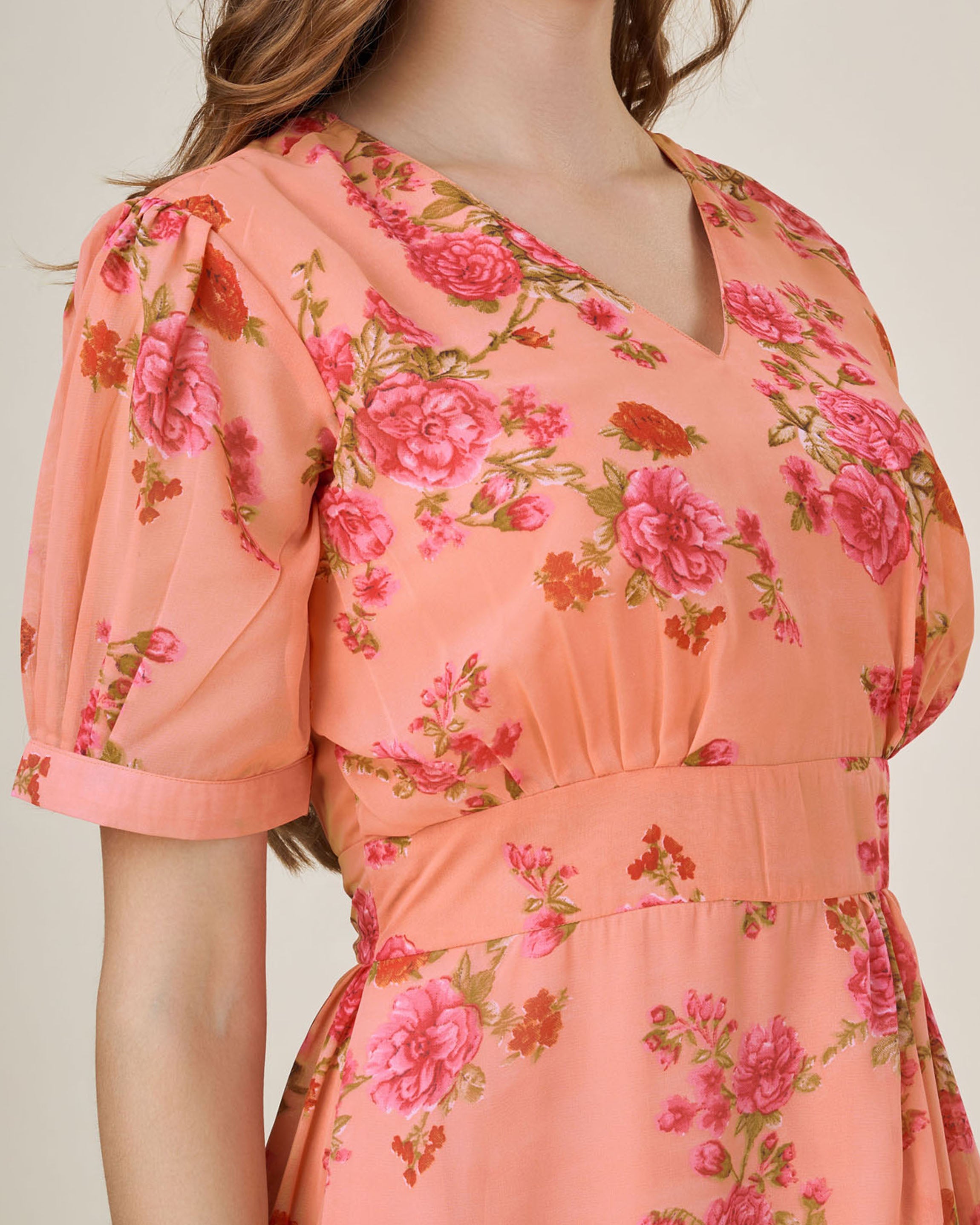 Her Couture Women's Orange Georgette Draped Floral Printed Flared Dress