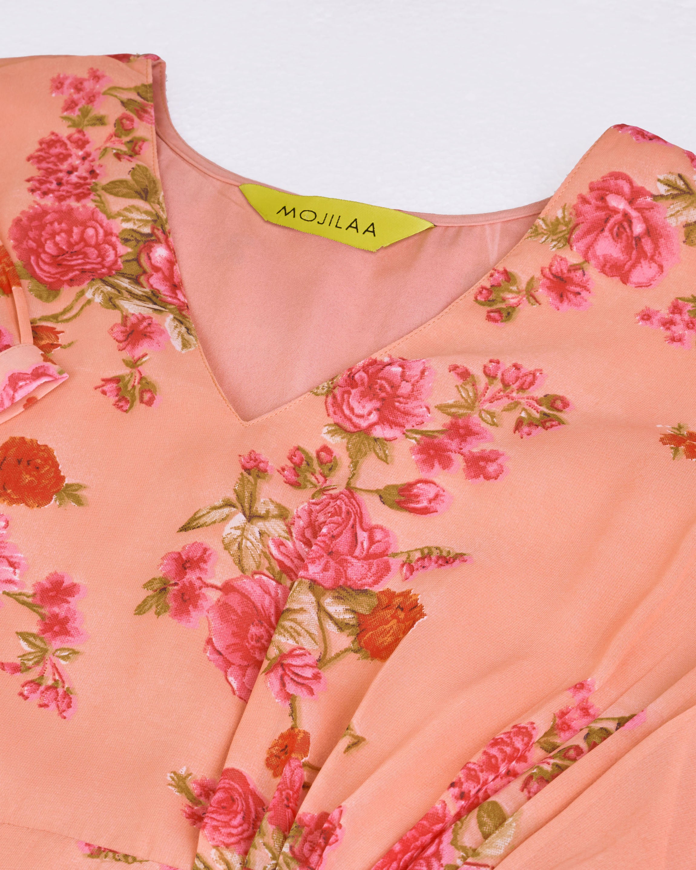 Her Couture Women's Orange Georgette Draped Floral Printed Flared Dress