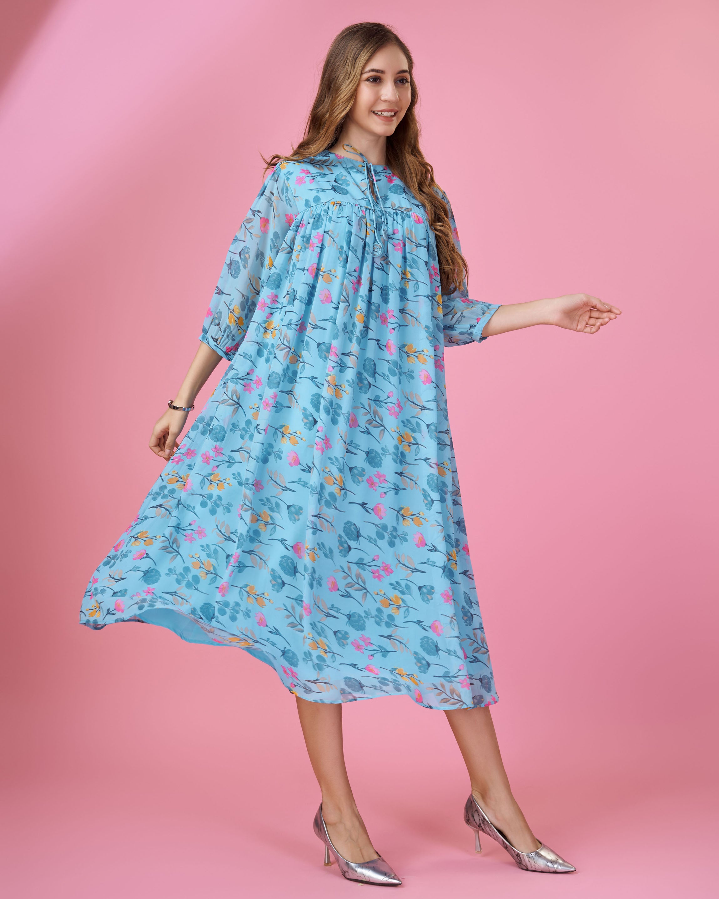 Her Couture Women's Blue Georgette Floral Printed Gathered Dress With Ruffles