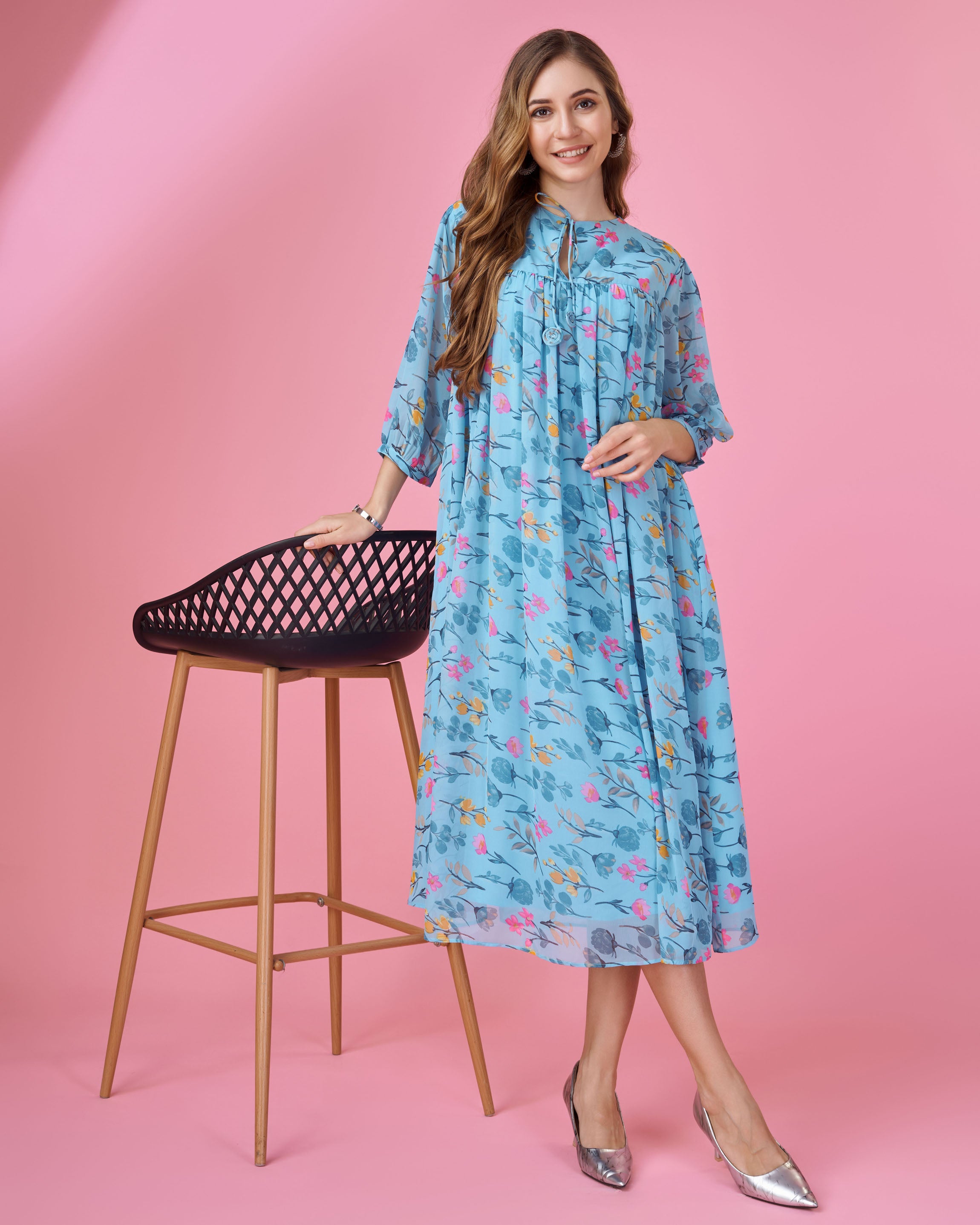 Her Couture Women's Blue Georgette Floral Printed Gathered Dress With Ruffles