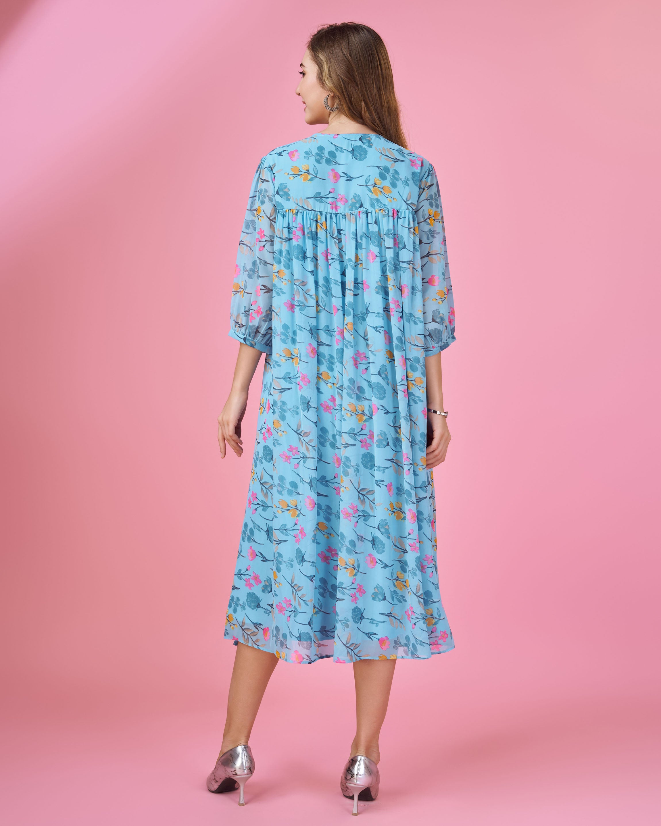 Her Couture Women's Blue Georgette Floral Printed Gathered Dress With Ruffles