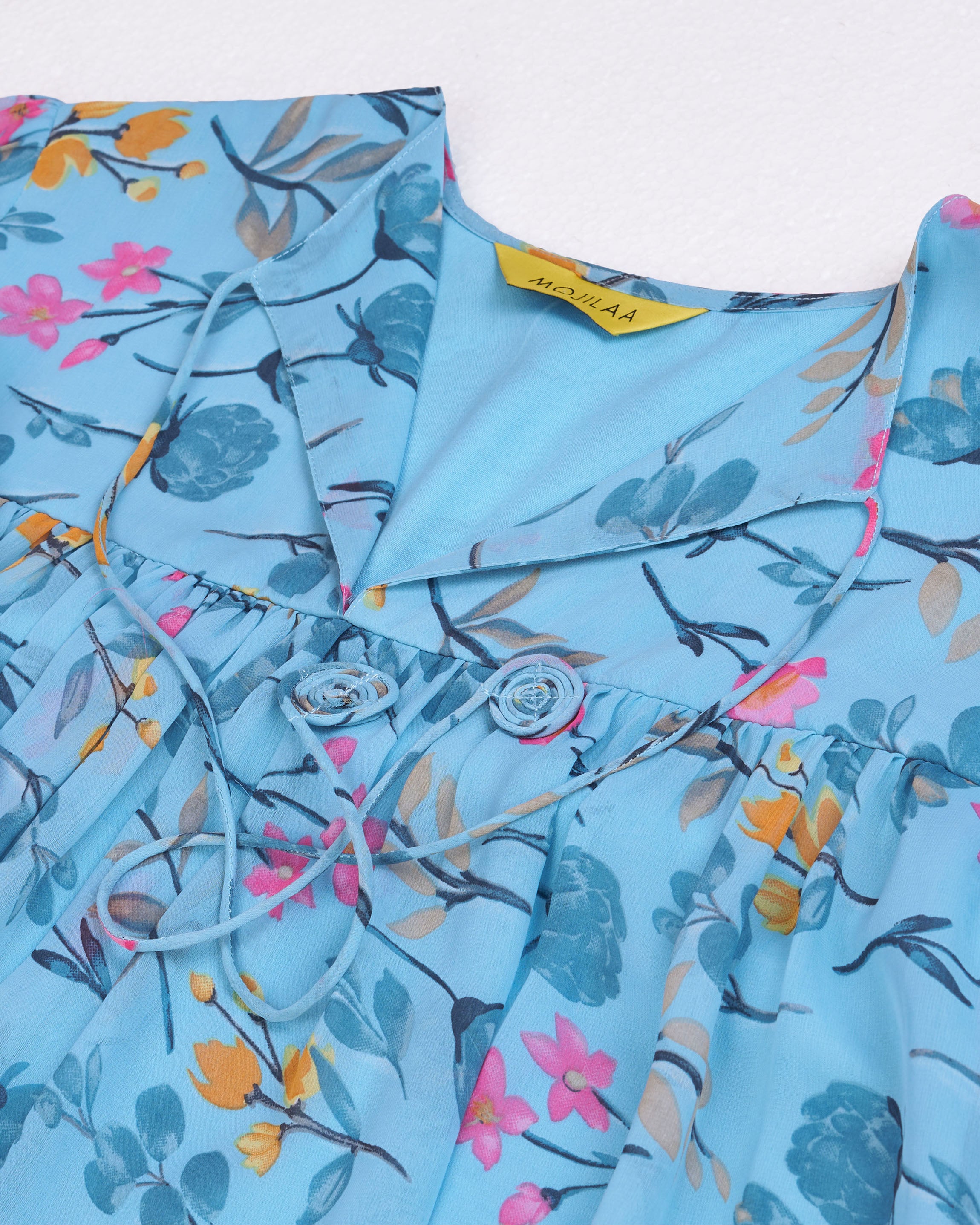 Her Couture Women's Blue Georgette Floral Printed Gathered Dress With Ruffles