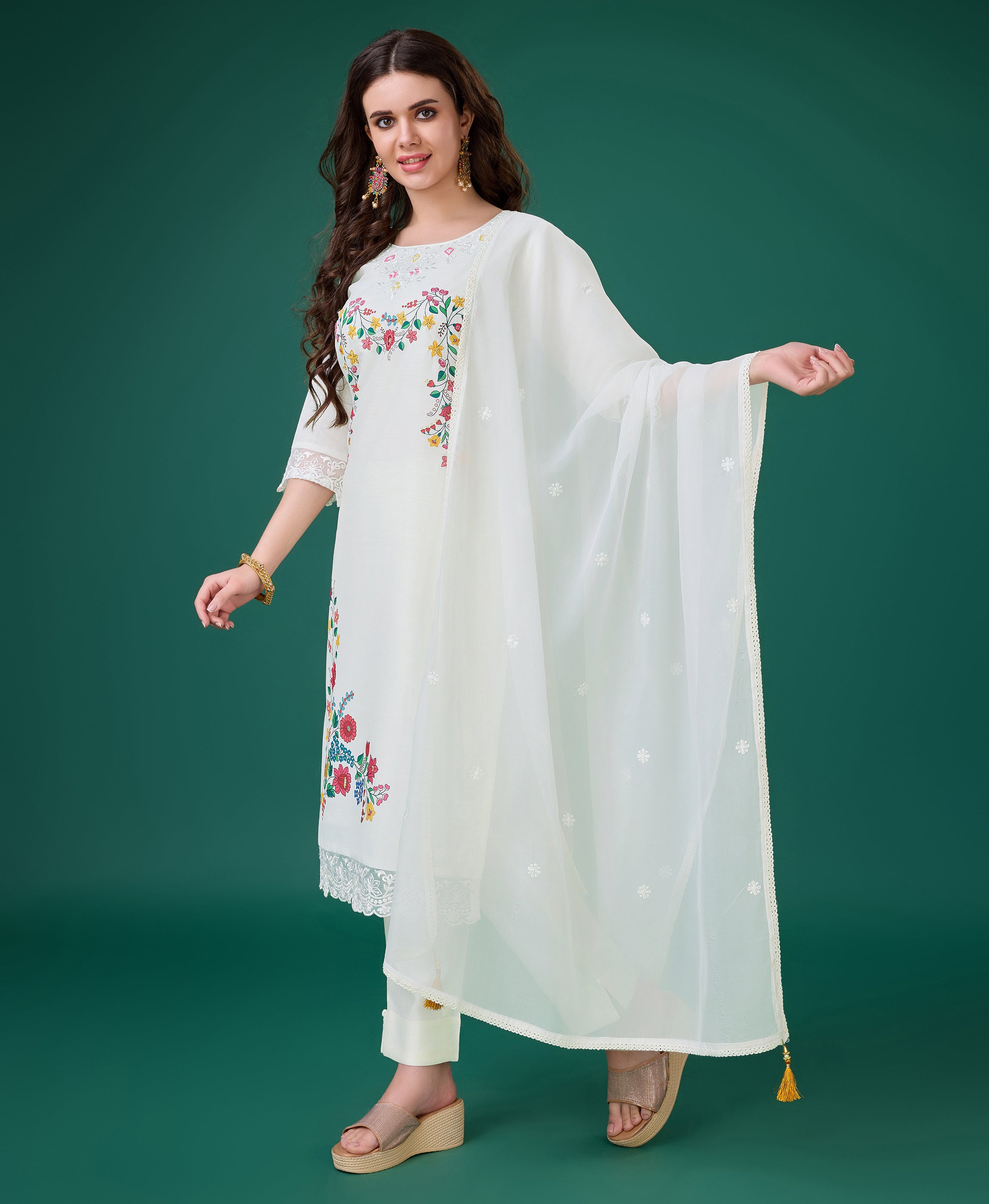 Her Couture Women's Cream Chanderi Silk Embroidered Kurta With Pant & Dupatta