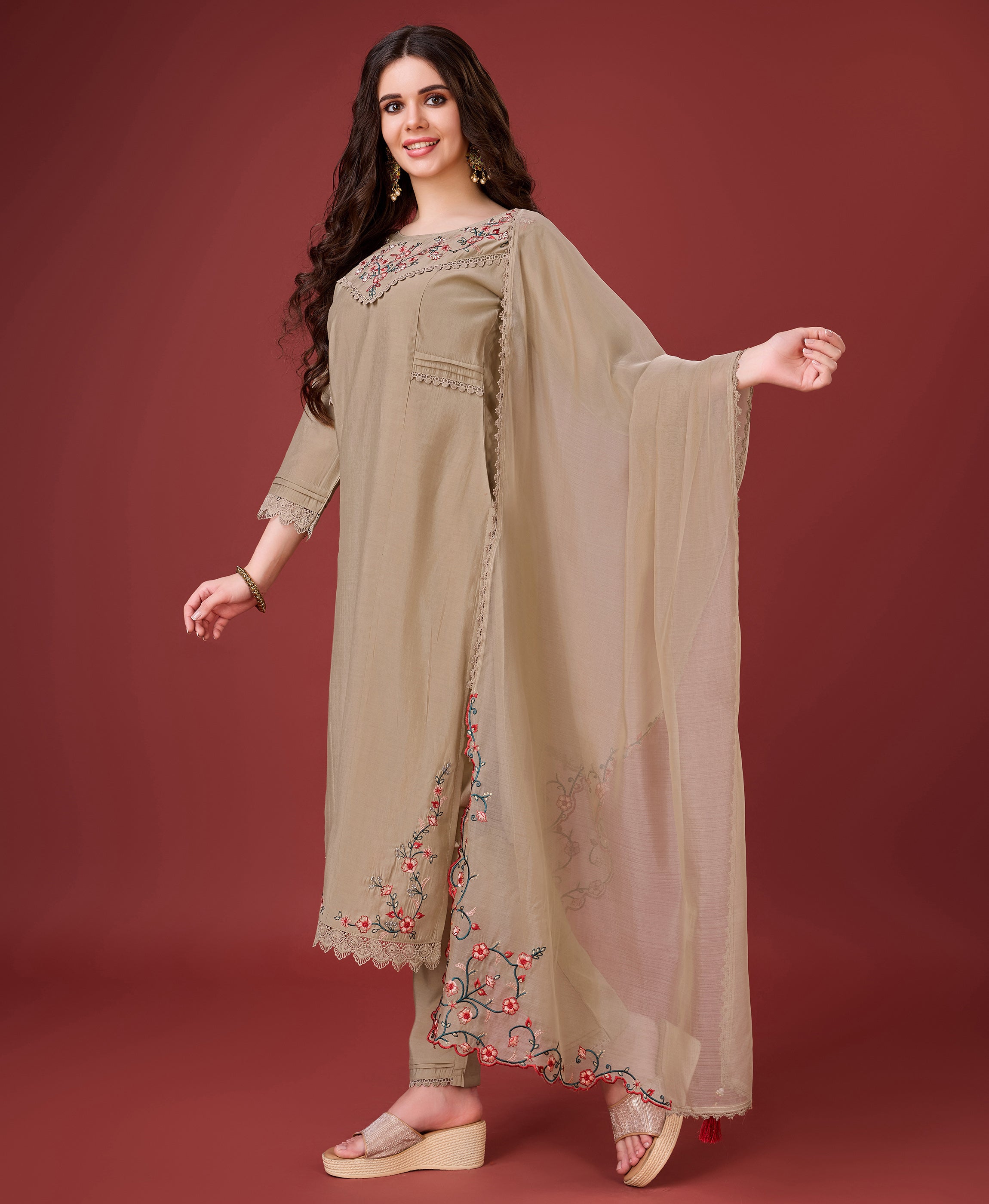 Her Couture Women's Bronze Viscose Silk Embroidered Kurta With Pant & Dupatta