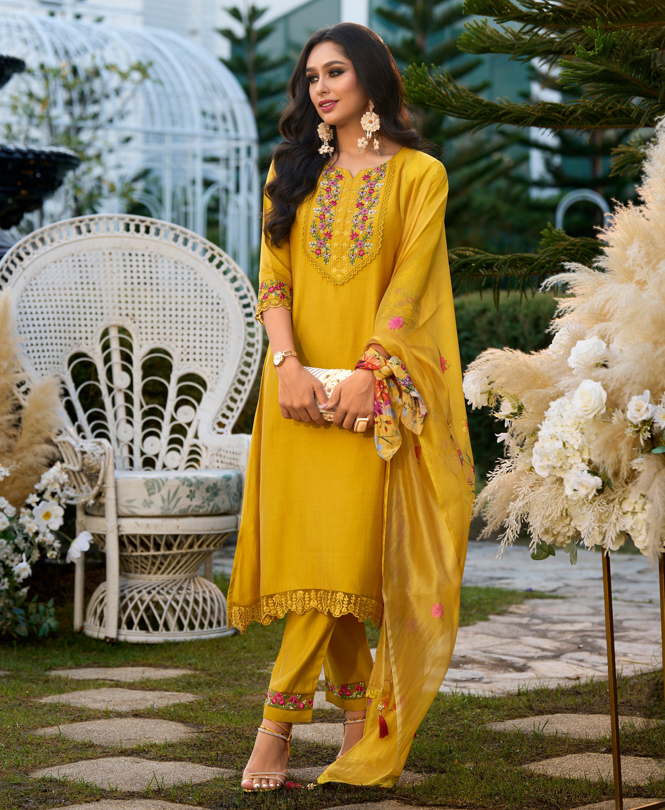 Yellow Viscose Silk A-line Festive & Party Kurta Set by Her Couture