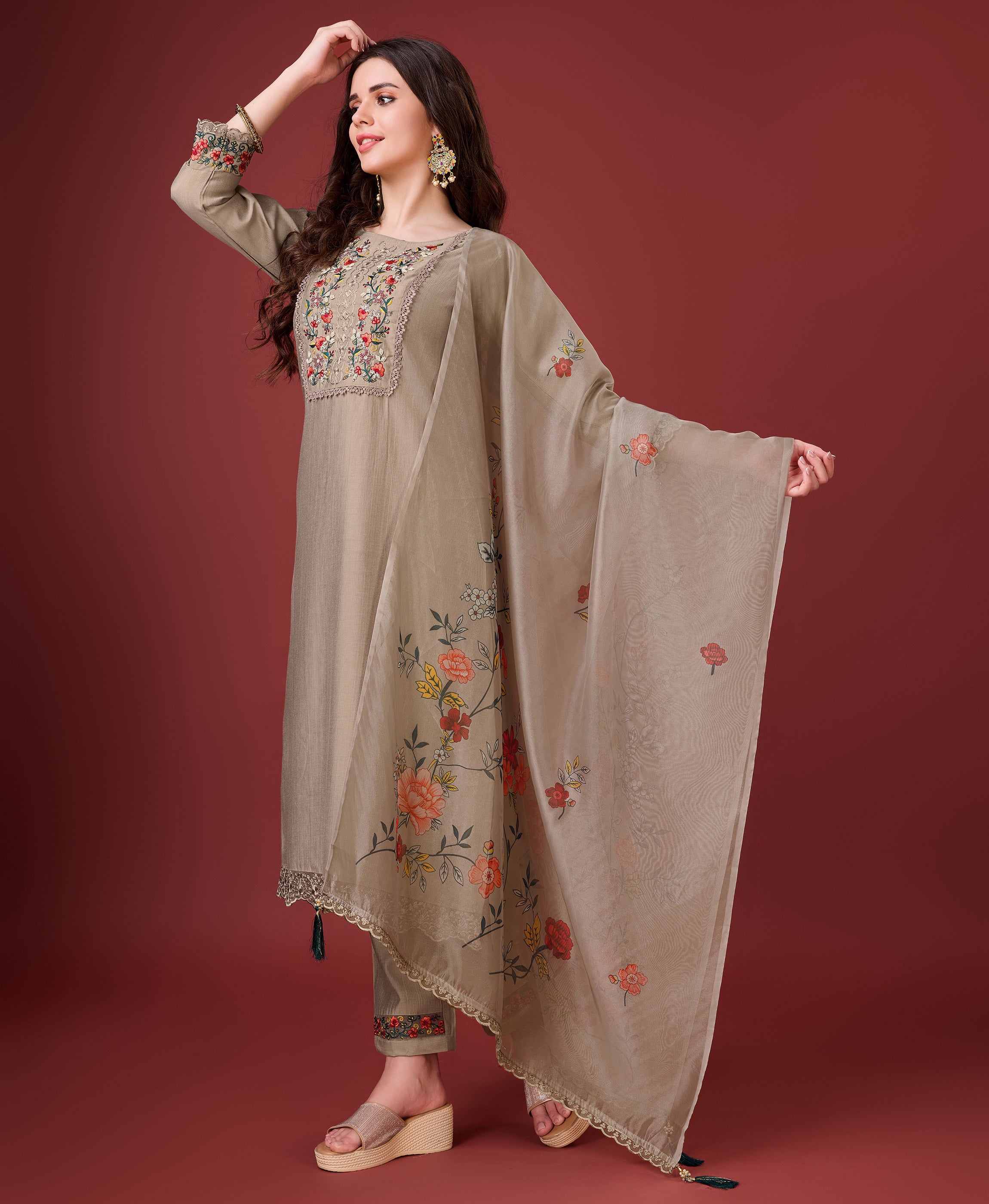 Her Couture Women's Bronze Viscose Silk Embroidered Kurta With Pant & Dupatta