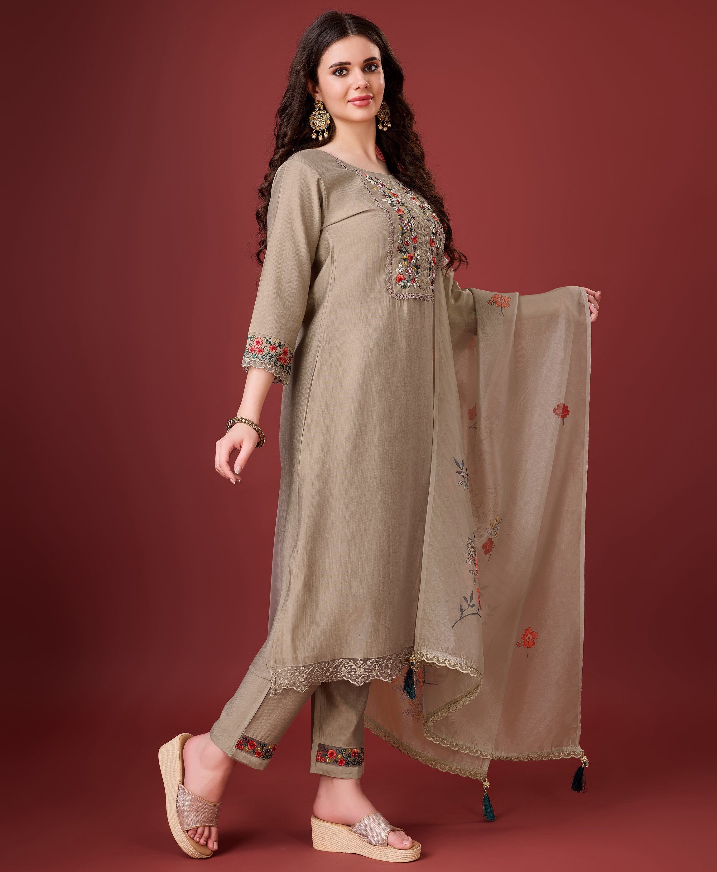 Her Couture Women's Bronze Viscose Silk Embroidered Kurta With Pant & Dupatta