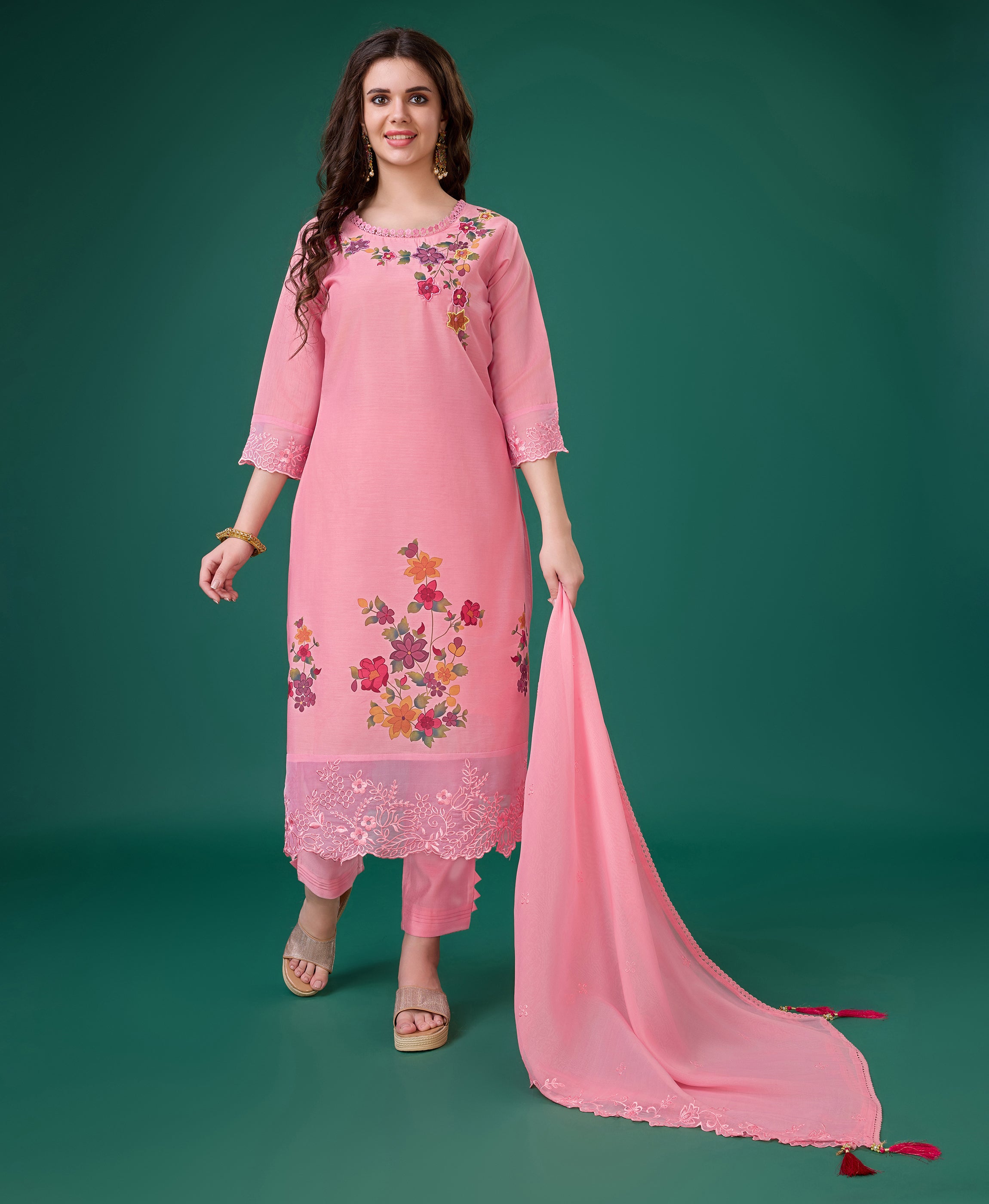 Her Couture Women's Peach Chanderi Silk Embroidered Kurta With Pant & Dupatta