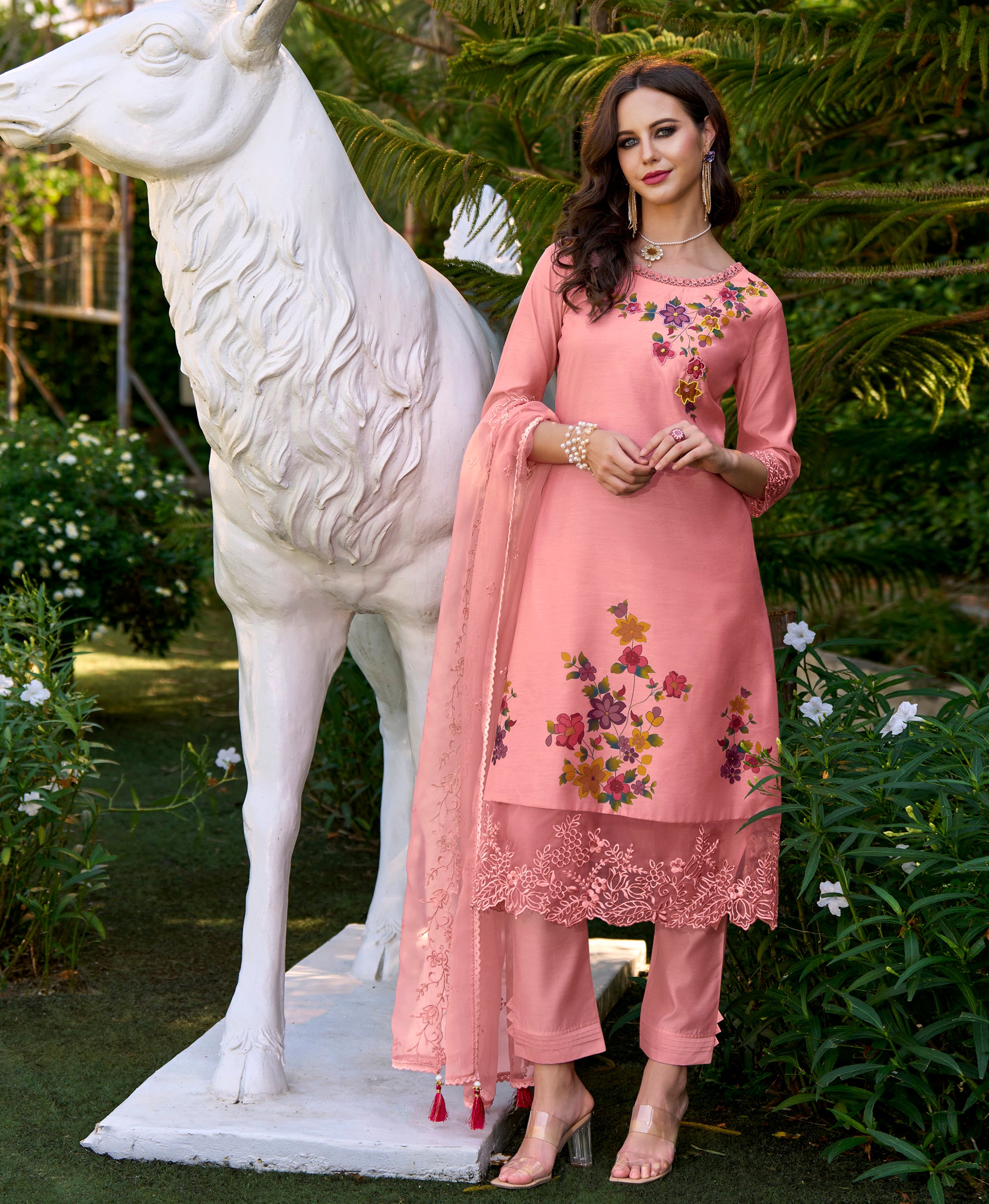 Peach Chanderi Silk A-line Festive & Party Kurta Set by Her Couture