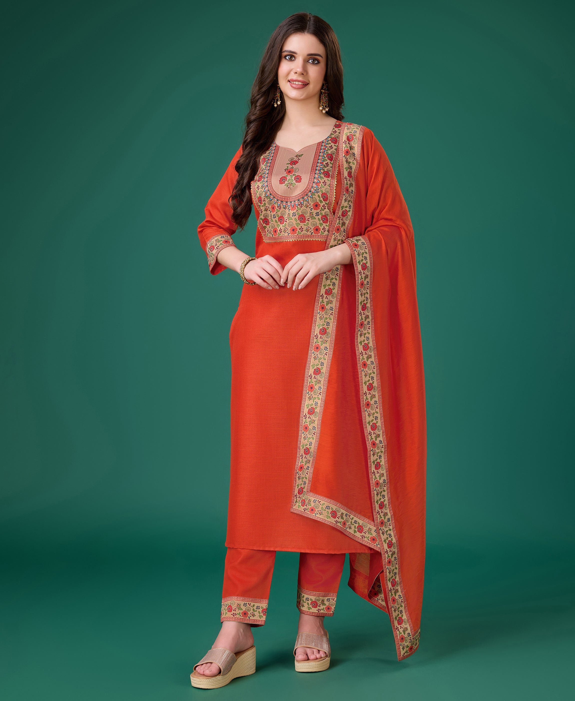 Orange Linen Straight Party Kurta Set by Her Couture