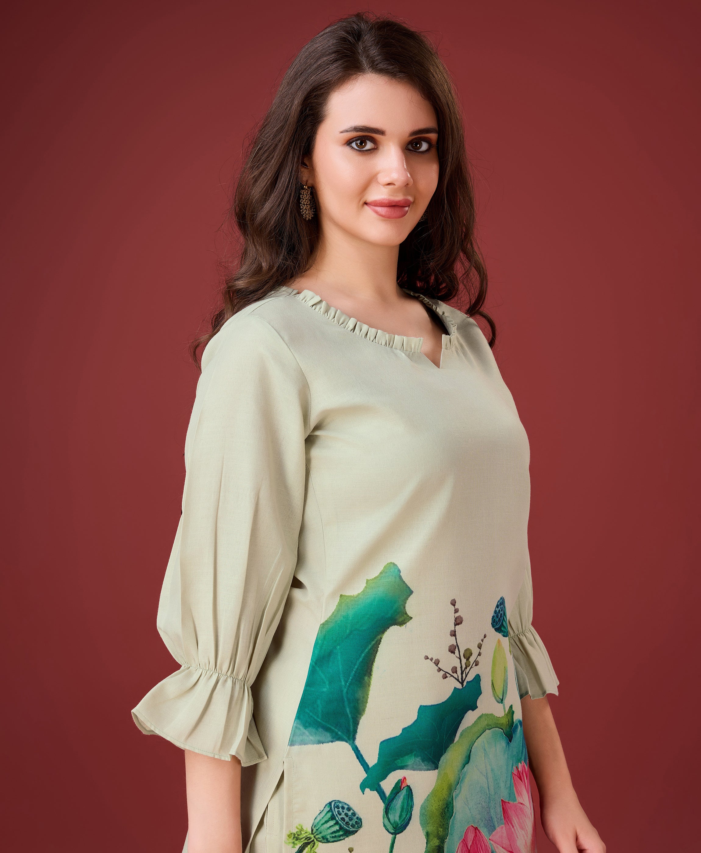 Her Couture Women's Ivory Linen Floral Print Causal Co-ord Set