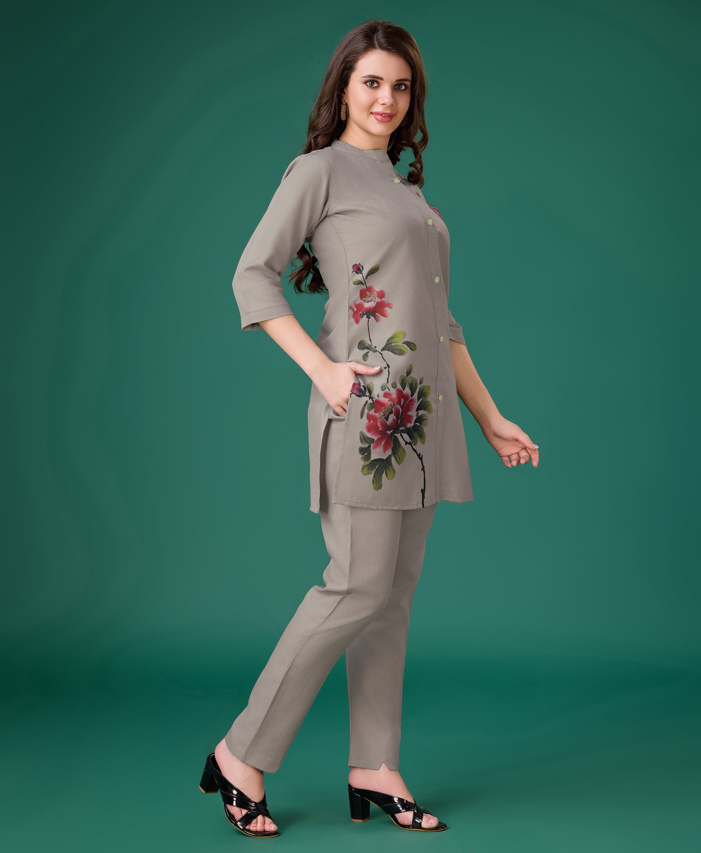 Her Couture Women's Grey Linen Floral Print Causal Co-ord Set