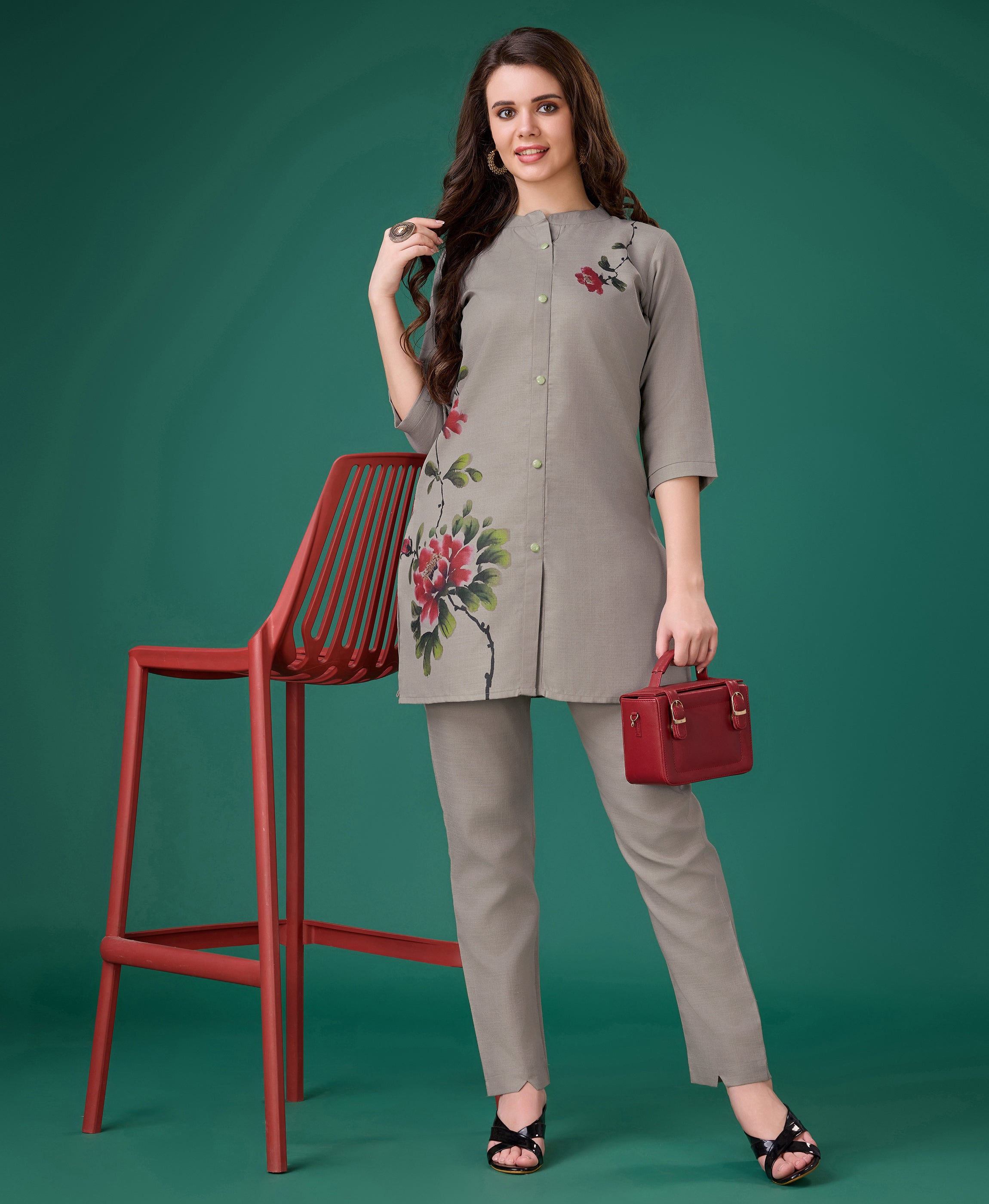 Her Couture Women's Grey Linen Floral Print Causal Co-ord Set