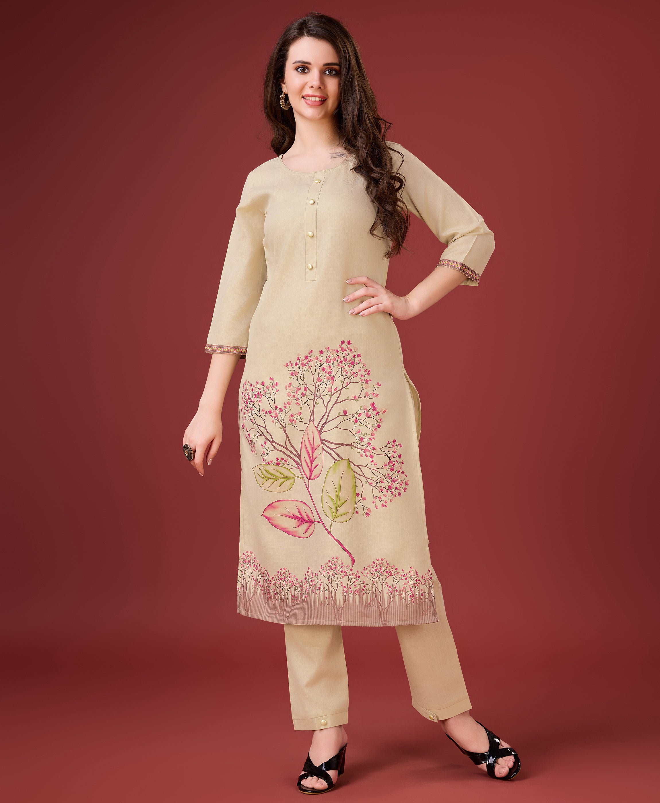 Her Couture Women's Cream Linen Leaf Print Kurta With Pant