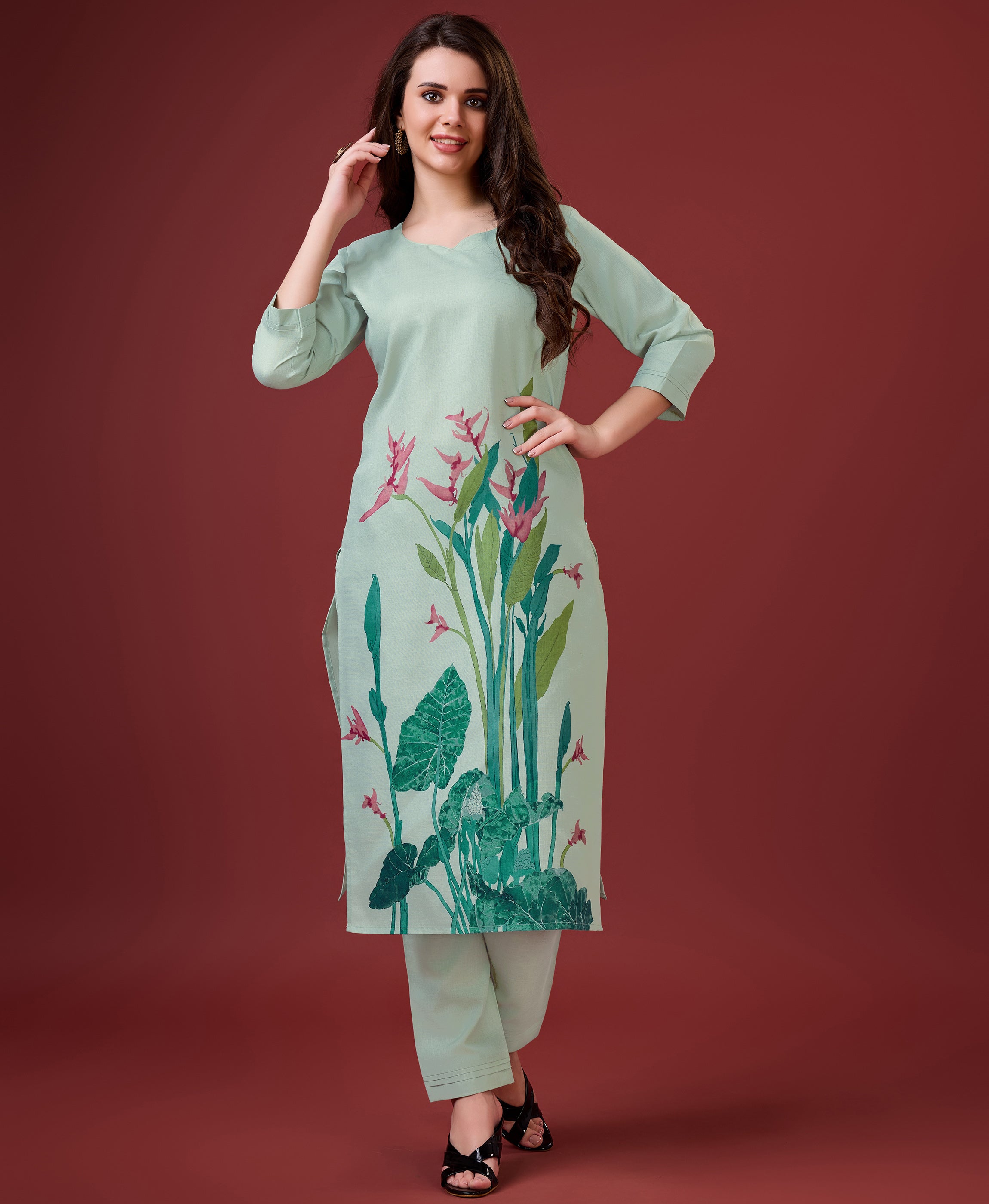 Her Couture Women's Sea Green Linen Leaf Print Kurta With Pant