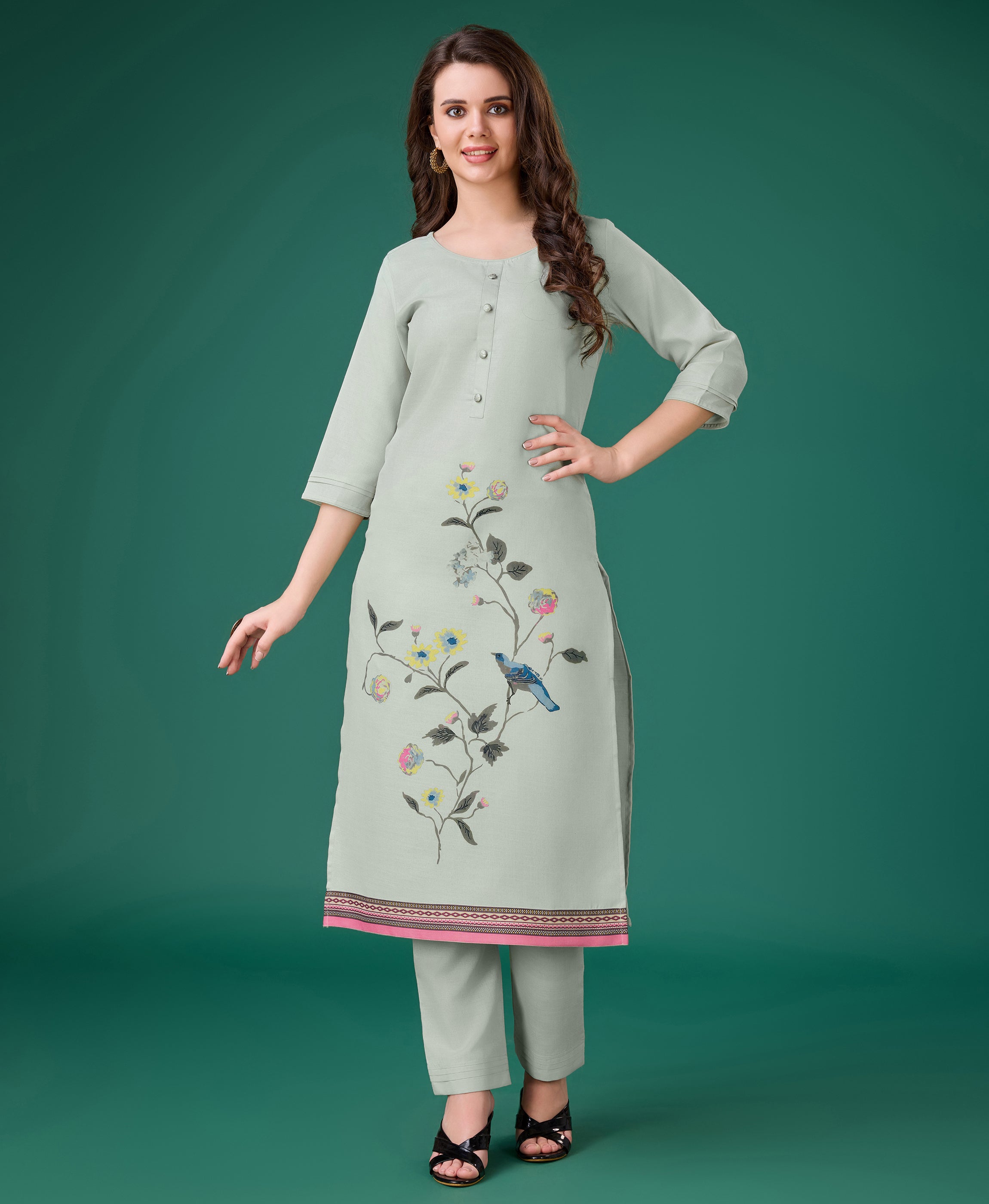 Her Couture Women's Grey Linen Animal & Leaf Print Kurta With Pant