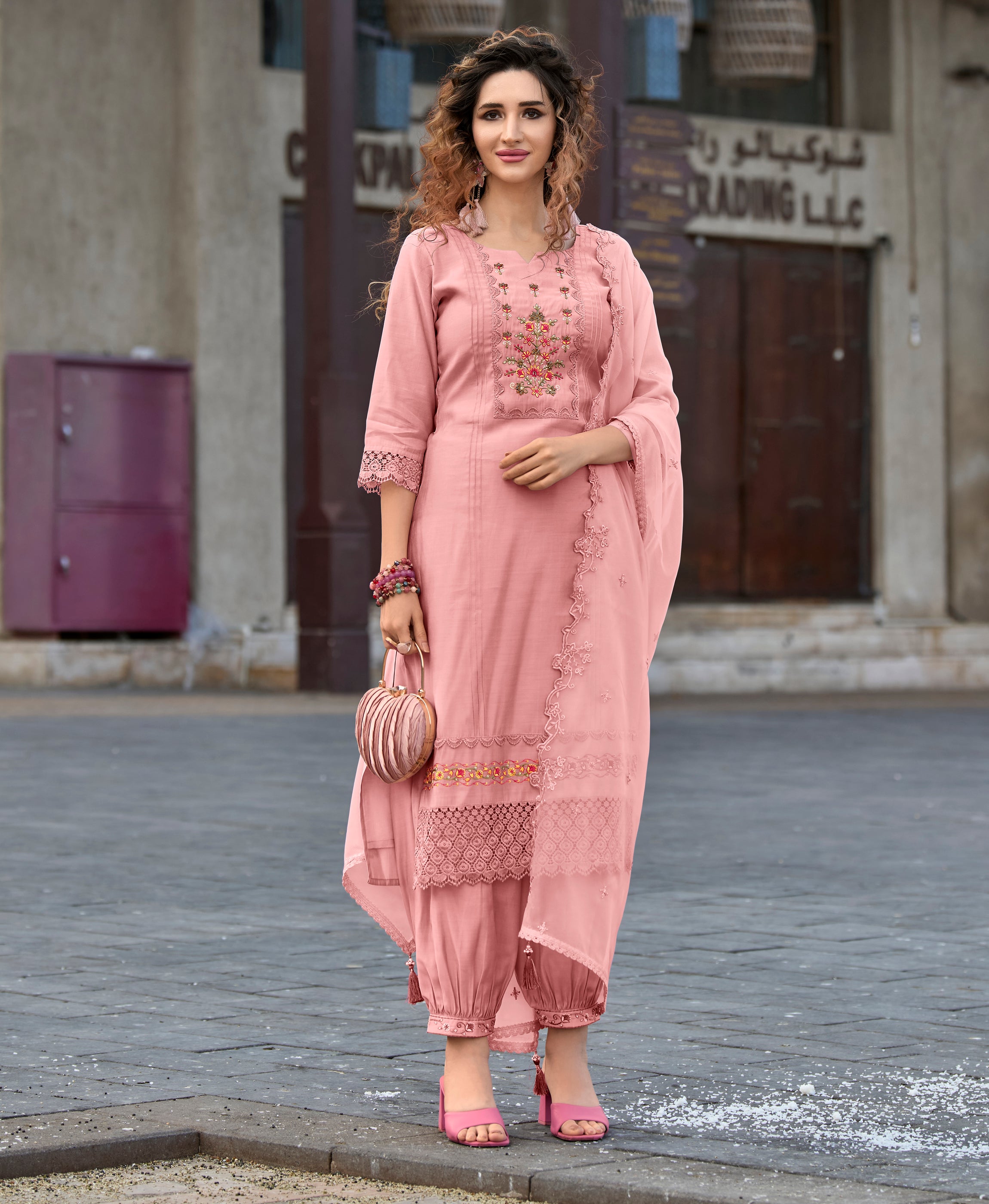 Peach Viscose Silk Straight Festive & Party Kurta Set by Her Couture