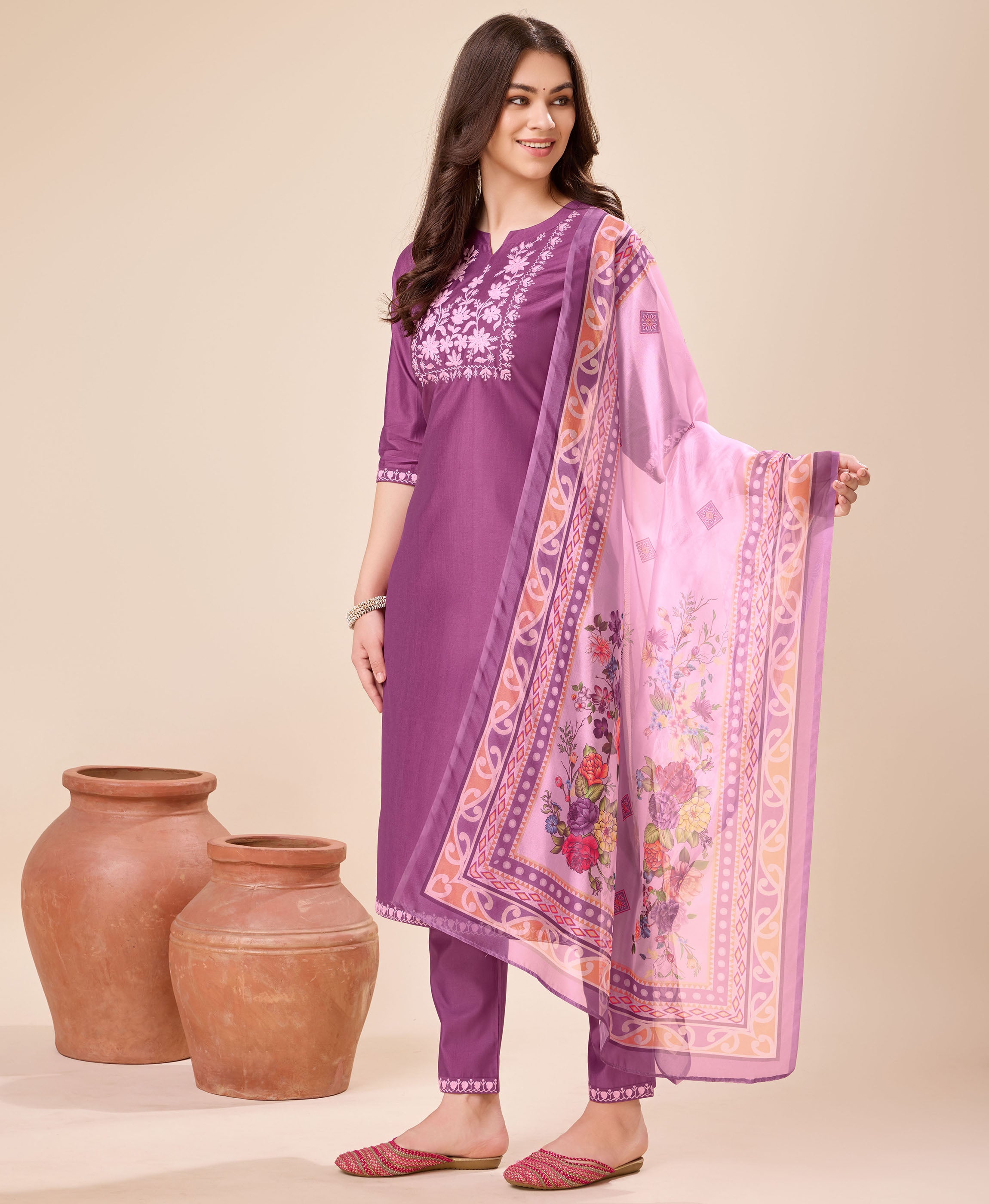 Her Couture Women's Mauve Viscose Floral Embroidered Kurta With Pant & Dupatta