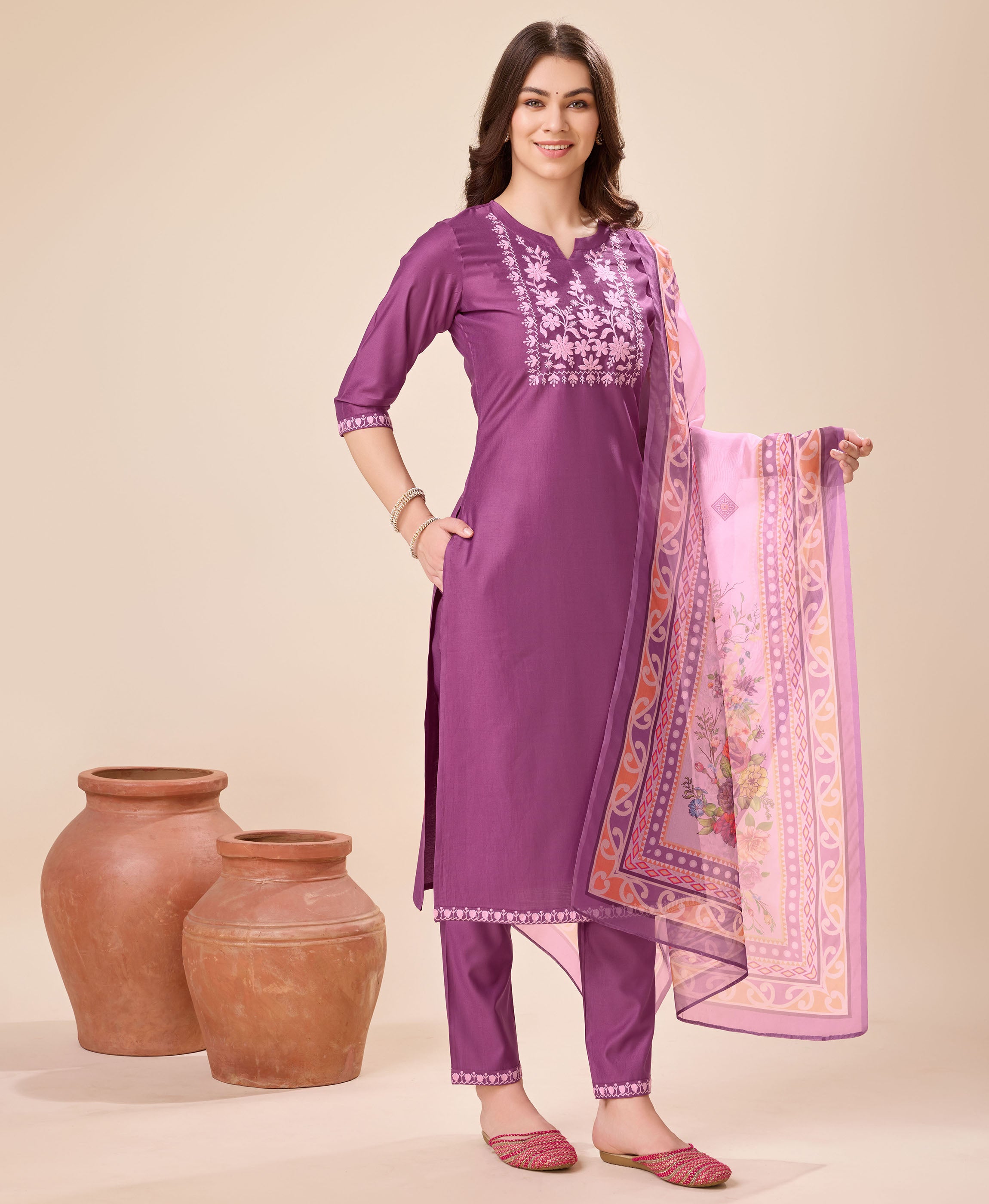 Her Couture Women's Mauve Viscose Floral Embroidered Kurta With Pant & Dupatta