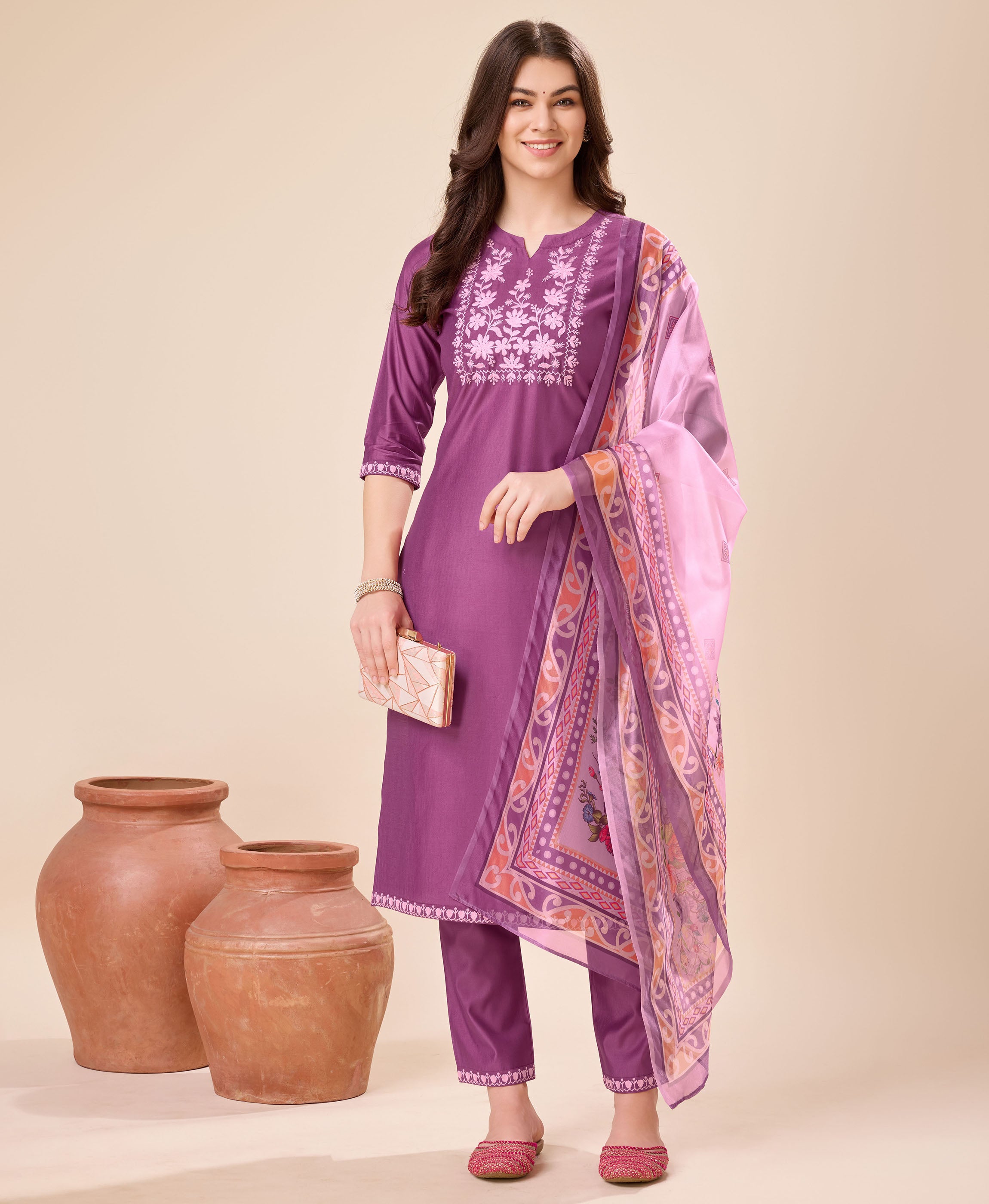 Her Couture Women's Mauve Viscose Floral Embroidered Kurta With Pant & Dupatta
