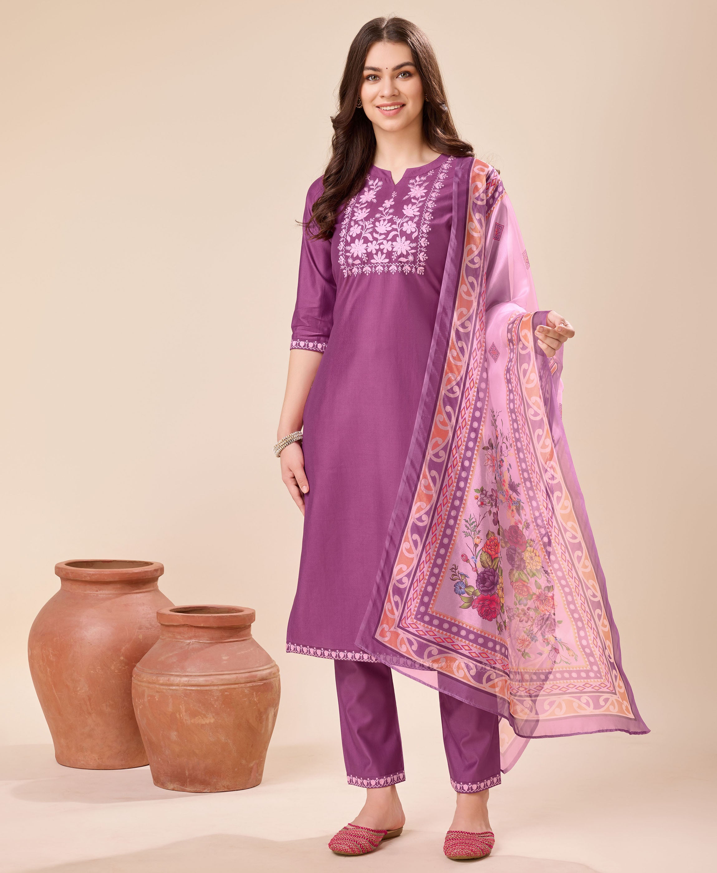Mauve Viscose Straight Festive & Party Kurta Set by Her Couture