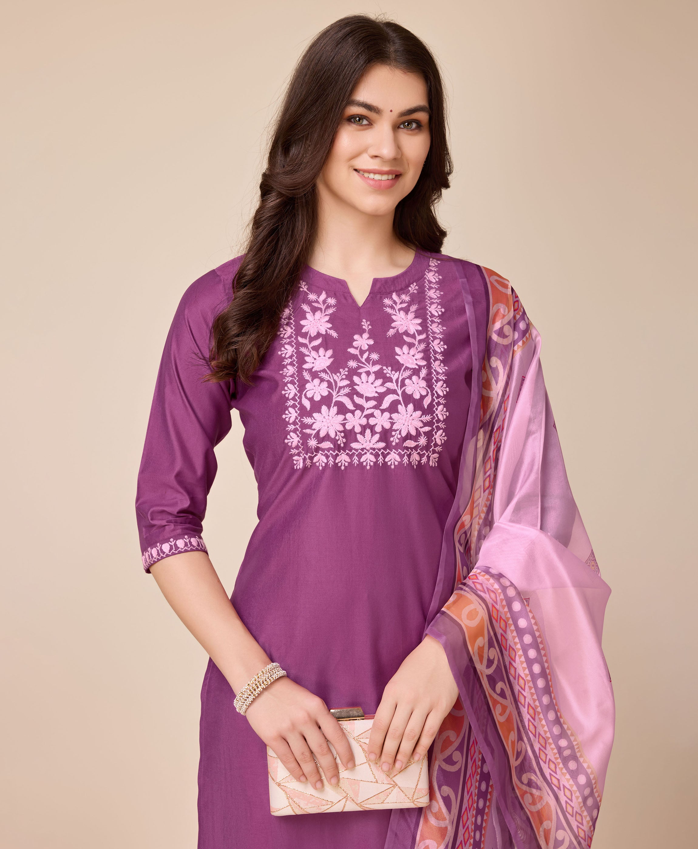 Her Couture Women's Mauve Viscose Floral Embroidered Kurta With Pant & Dupatta