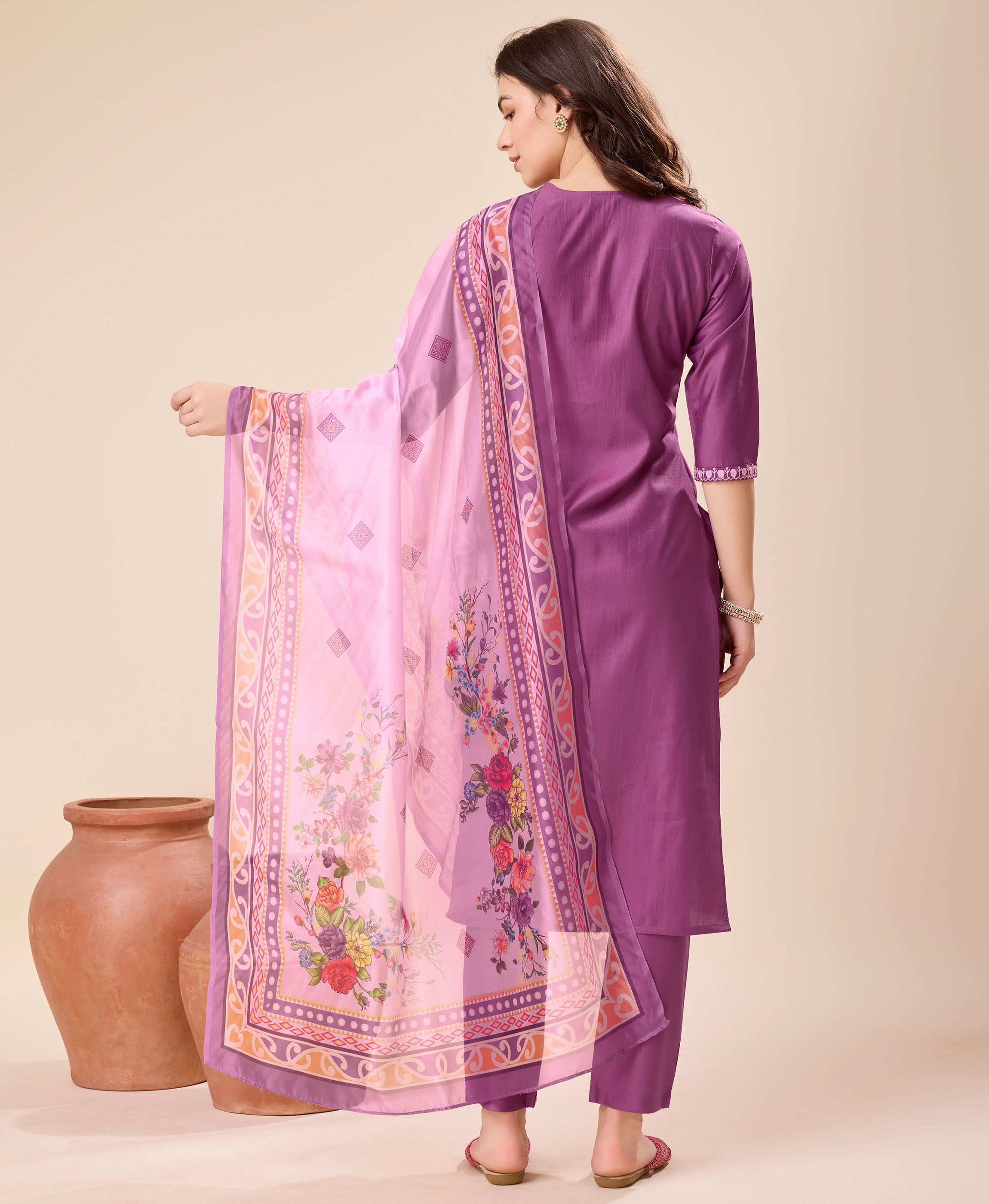 Her Couture Women's Mauve Viscose Floral Embroidered Kurta With Pant & Dupatta