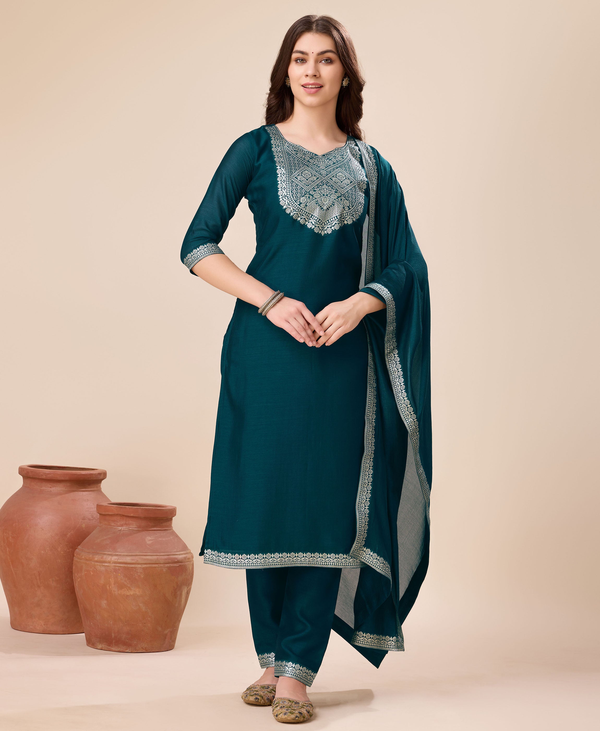 Teal Vichitra Silk Straight Party Kurta Set by Her Couture