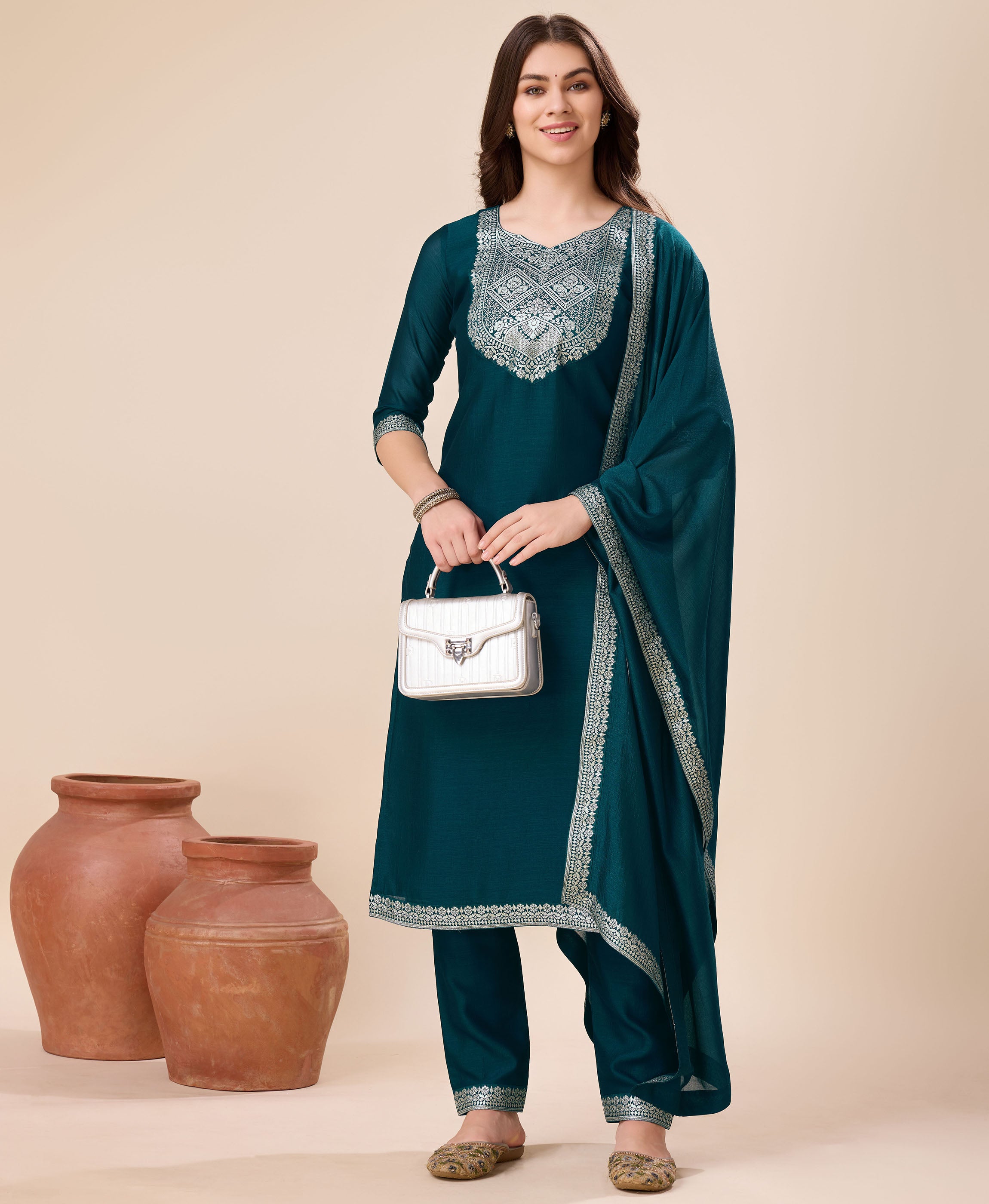 Her Couture Women's Teal Vichitra Silk Geometric Jacquard Kurta With Pant & Dupatta