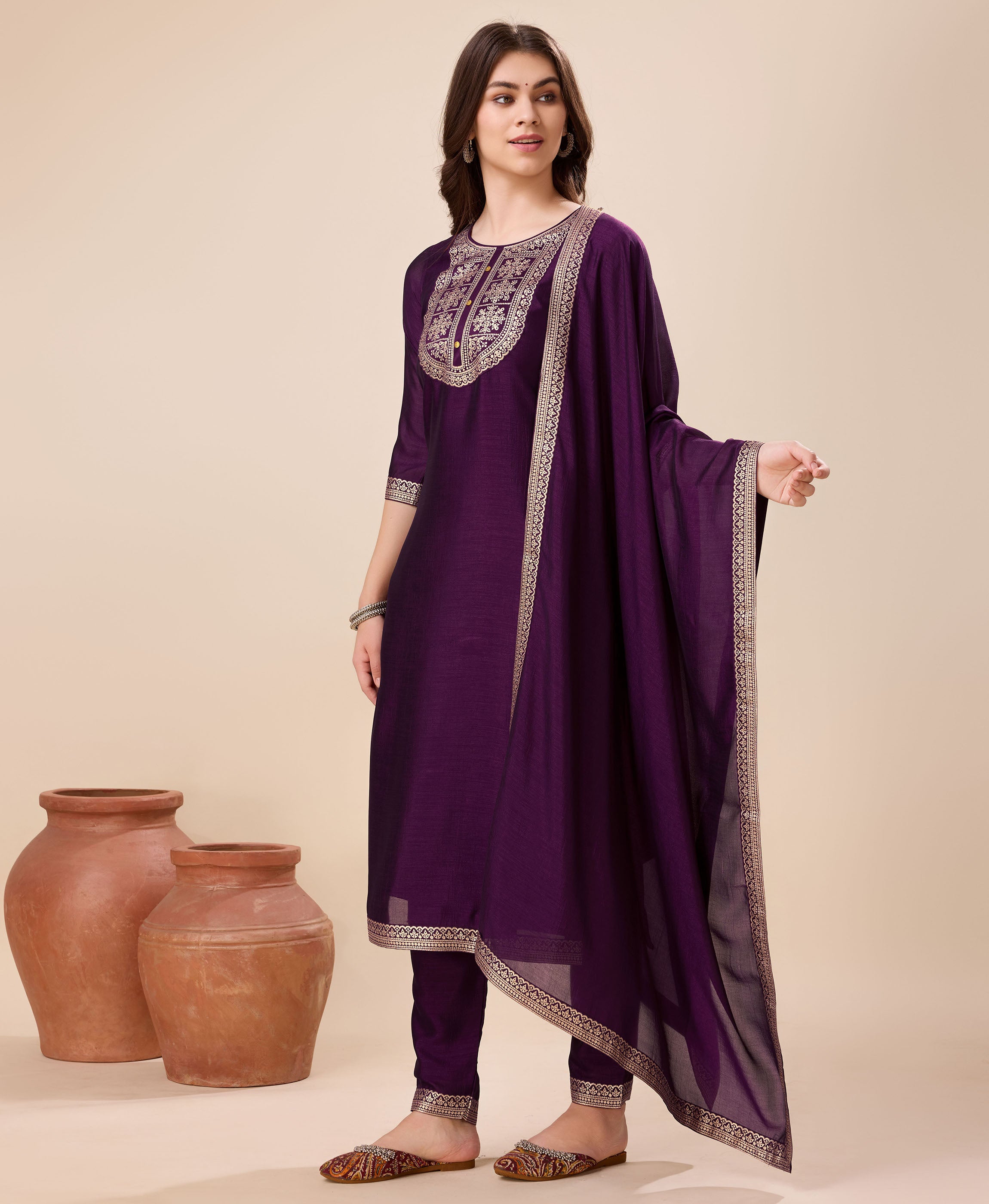 Her Couture Women's Purple Vichitra Silk Floral Jacquard Kurta With Pant & Dupatta