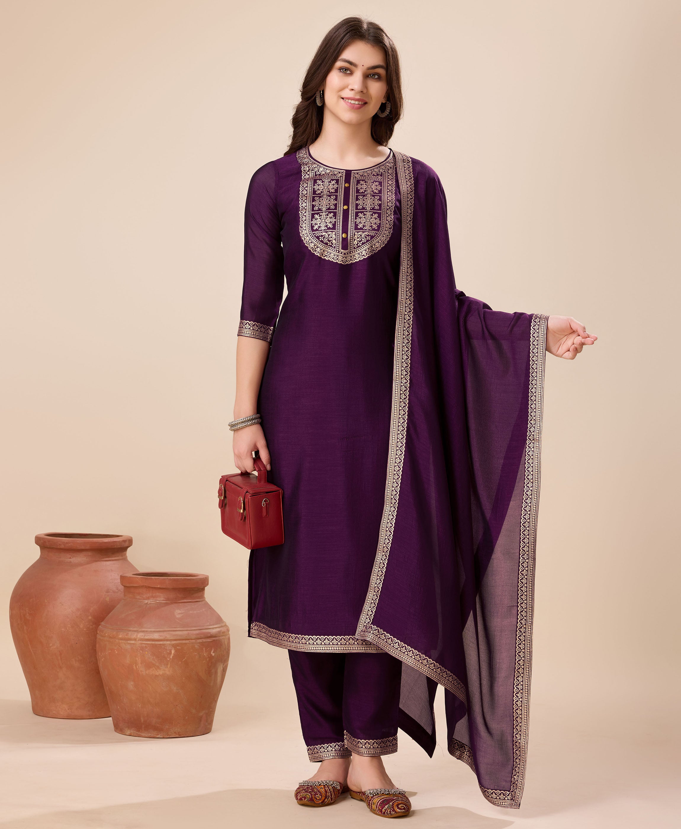 Her Couture Women's Purple Vichitra Silk Floral Jacquard Kurta With Pant & Dupatta