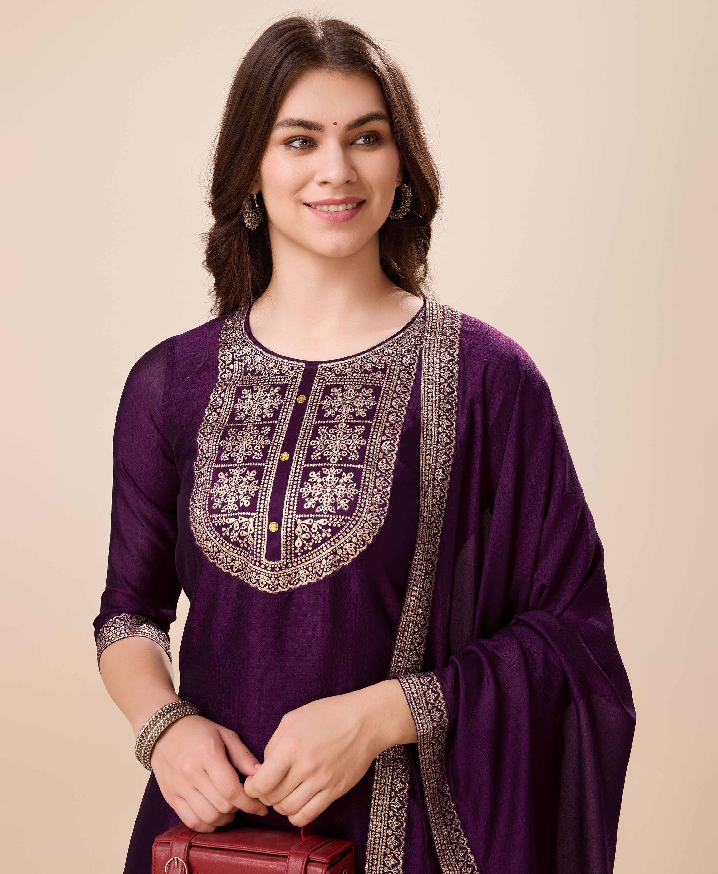 Her Couture Women's Purple Vichitra Silk Floral Jacquard Kurta With Pant & Dupatta
