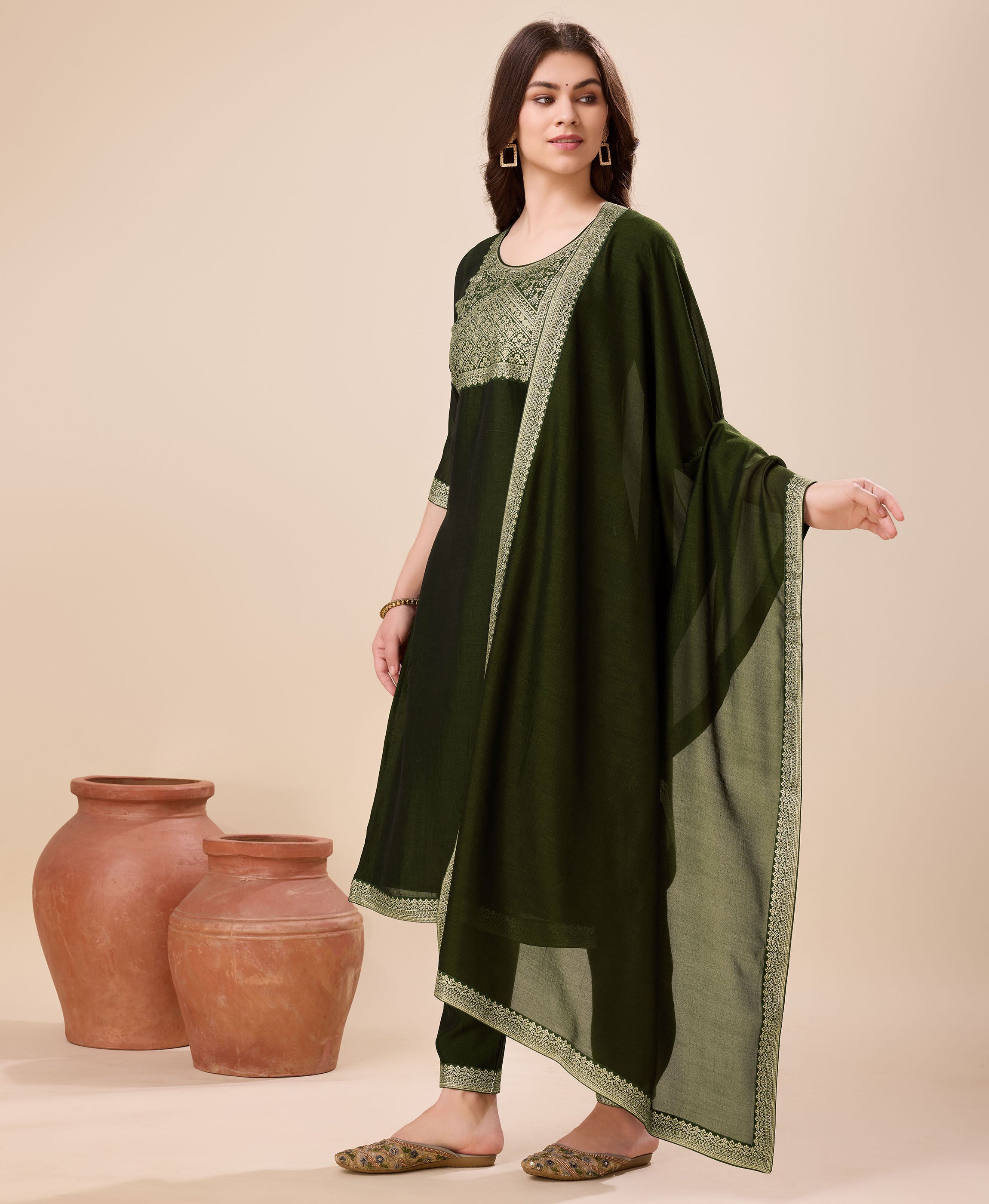 Her Couture Women's Olive Green Vichitra Silk Ethnic Motifs Jacquard Kurta With Pant & Dupatta