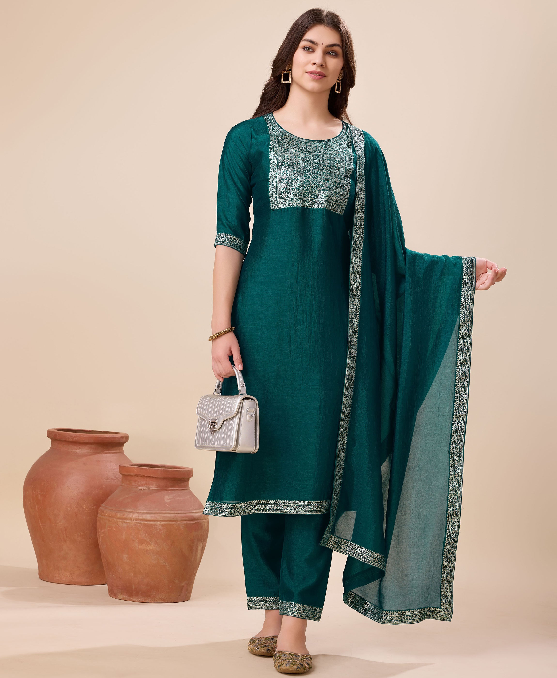 Her Couture Women's Green Vichitra Silk Floral Jacquard Kurta With Pant & Dupatta