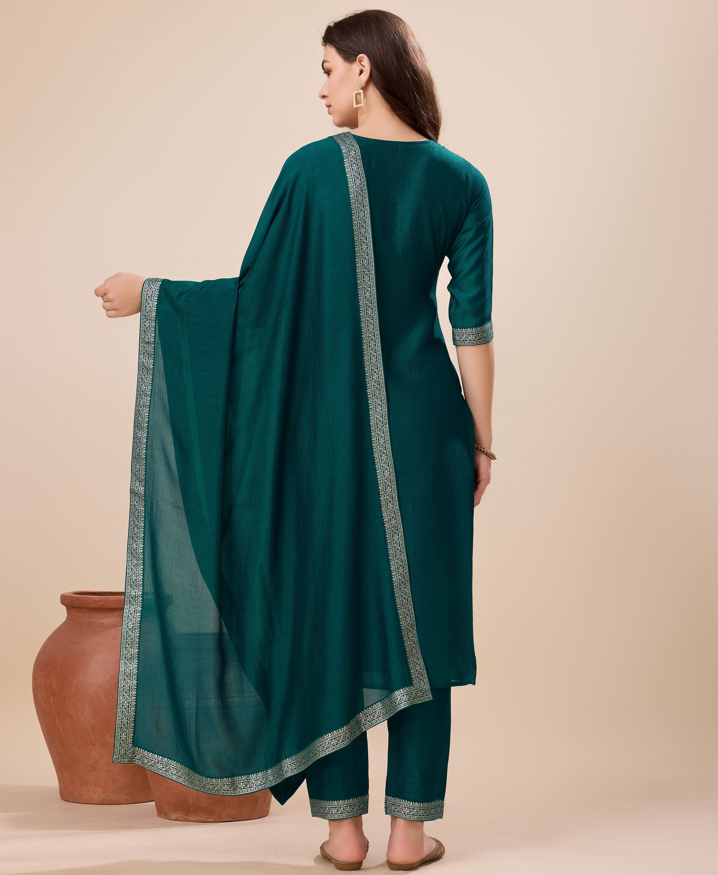 Her Couture Women's Green Vichitra Silk Floral Jacquard Kurta With Pant & Dupatta