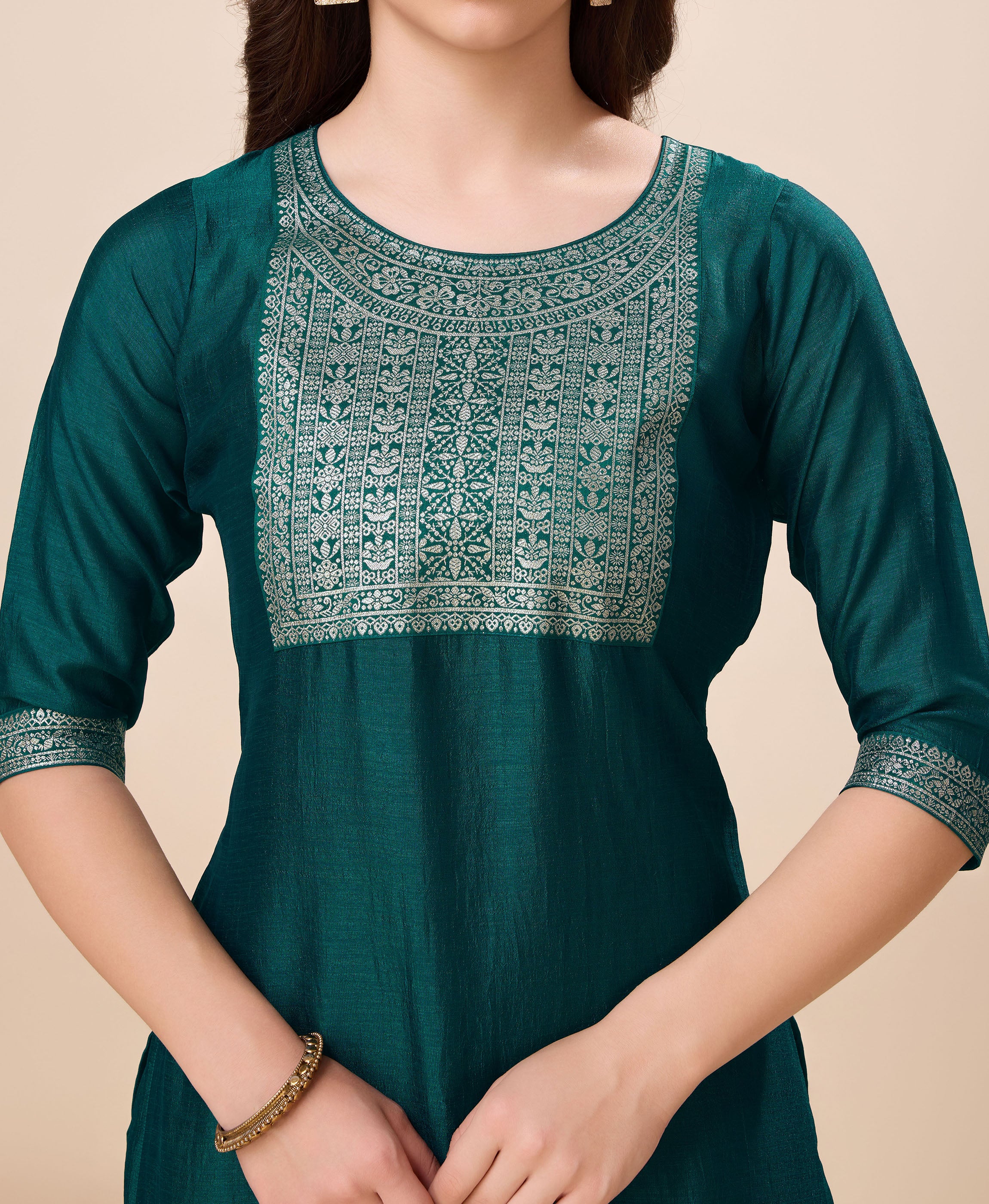 Her Couture Women's Green Vichitra Silk Floral Jacquard Kurta With Pant & Dupatta